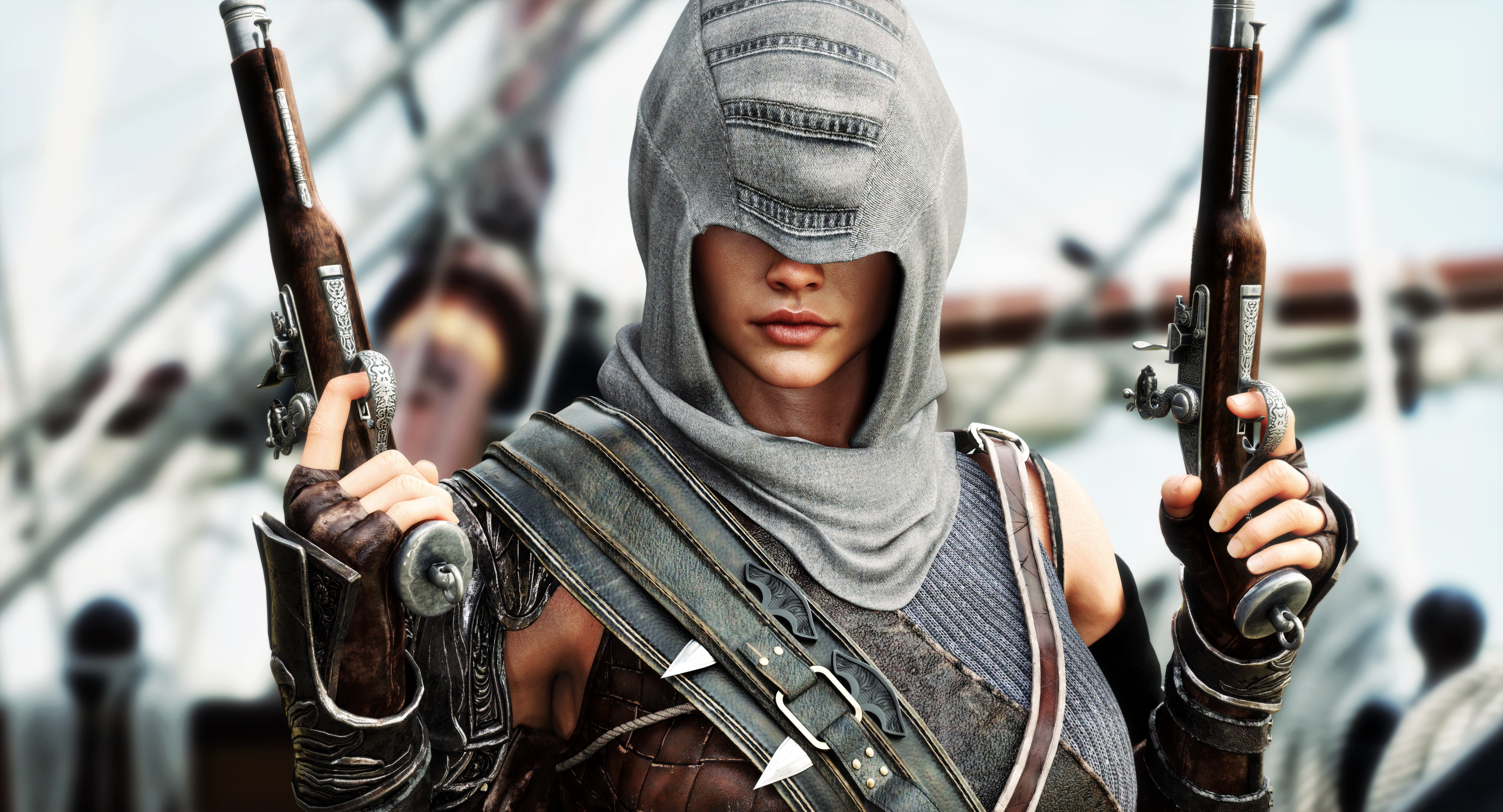 Women Gun Pirates Weapon Hoods Combat Assassins Medieval 3D Covered Eyes Armor Closeup Assassins Cre 7000x3784