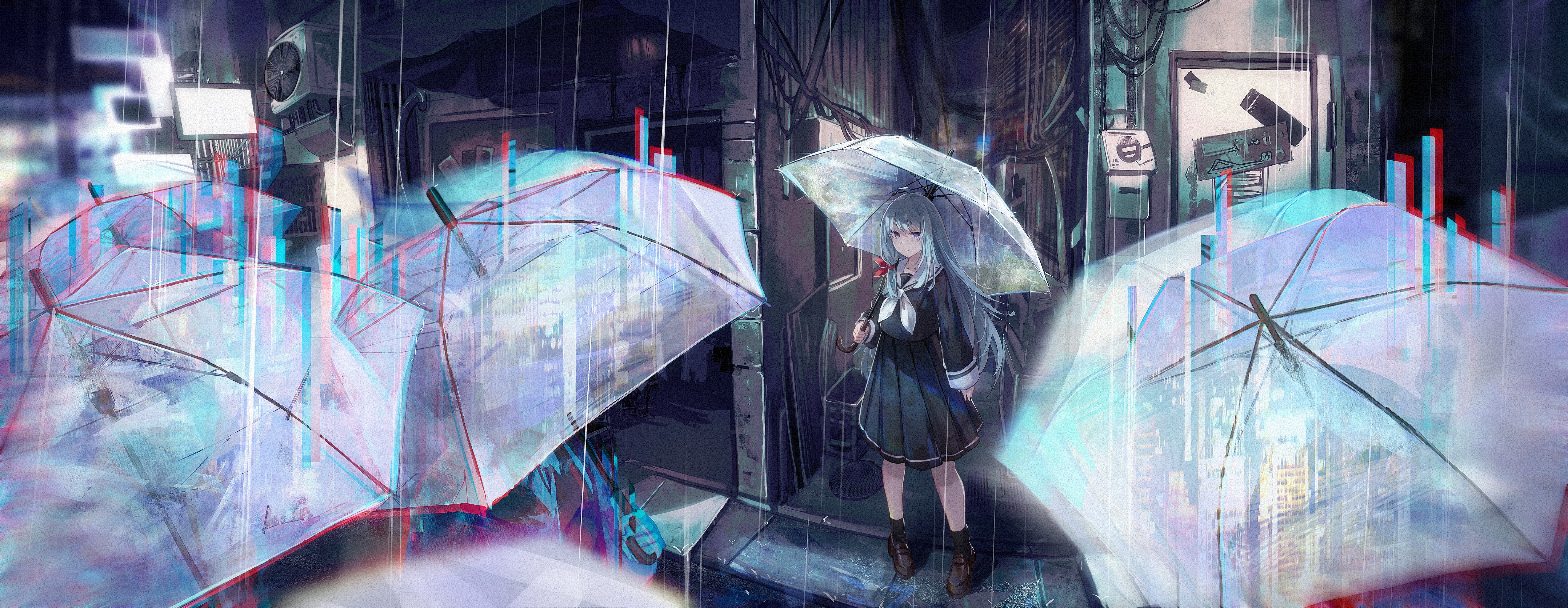 Anime Anime Girls Rain Umbrella School Uniform 4312x1672