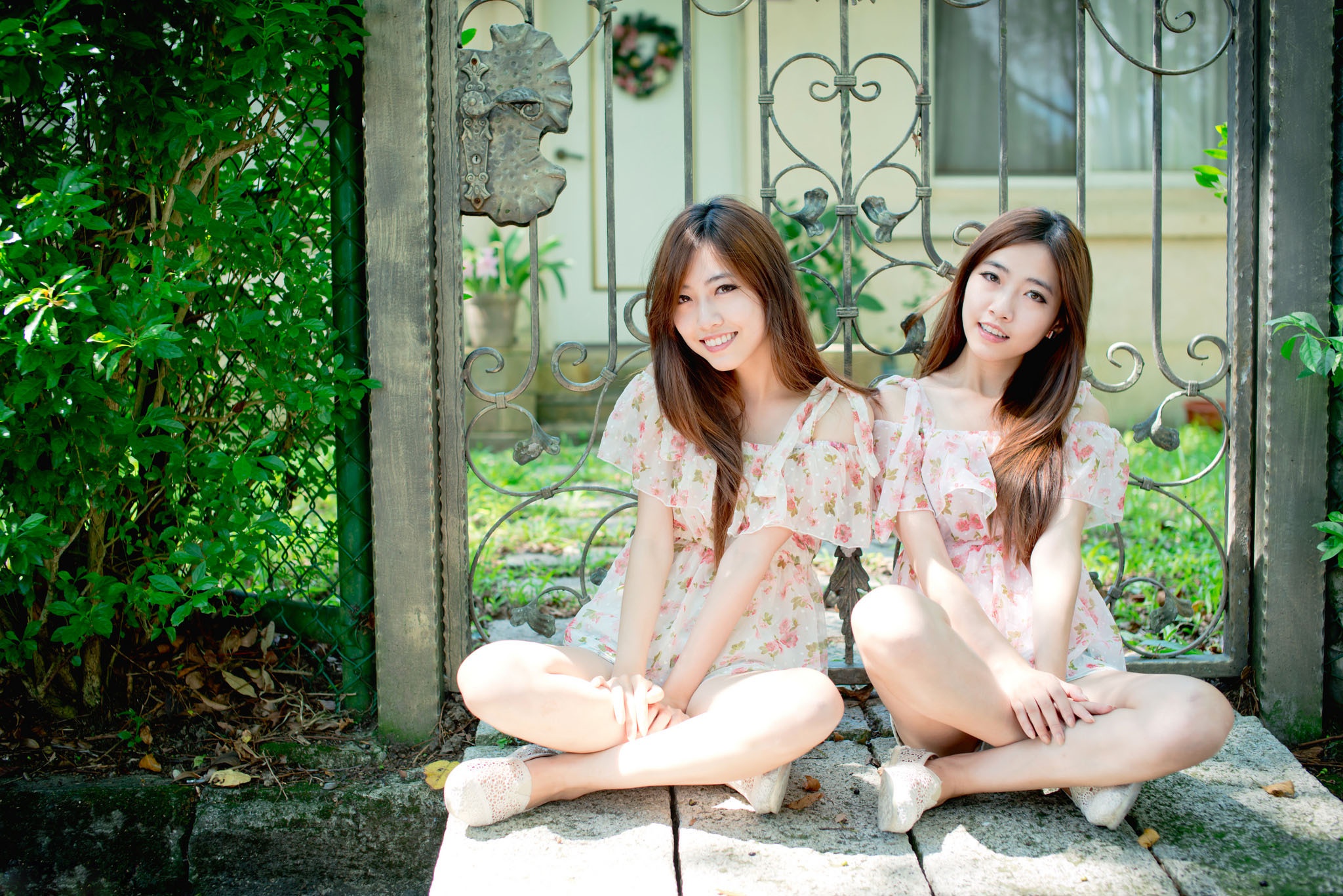 Asian Model Women Long Hair Dark Hair Sitting Legs Crossed Flower Dress Bushes Depth Of Field House  2048x1367