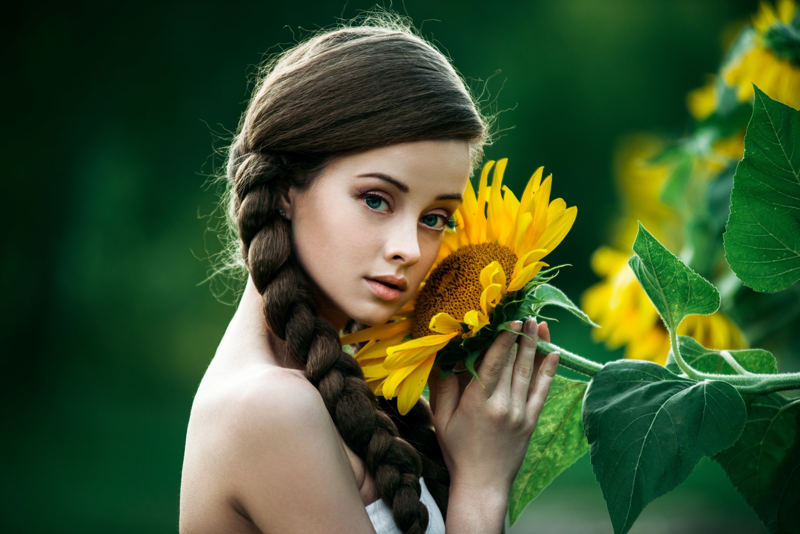 Women Model Women Outdoors Outdoors Dark Hair Long Hair Looking At Viewer Flowers Plants Sunflowers  2560x1709