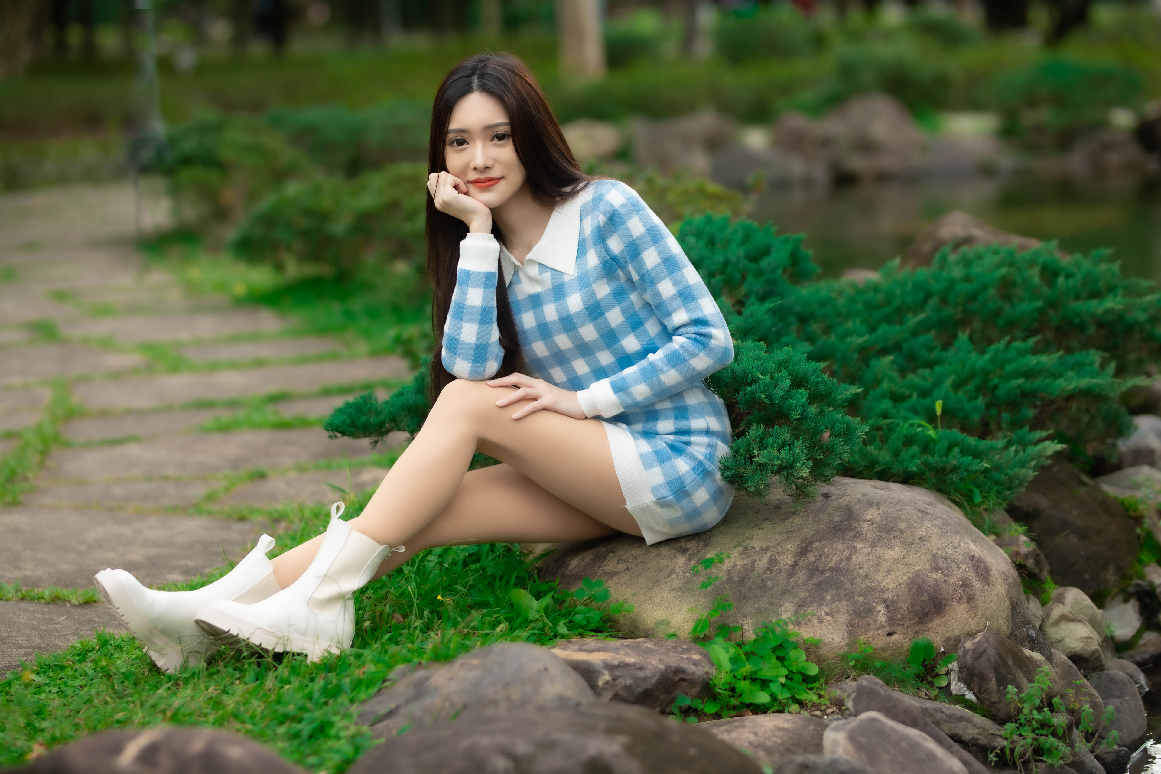 Asian Model Women Long Hair Dark Hair Depth Of Field Sitting Ankle Boots Grass Bushes Trees Stone Lo 3840x2560