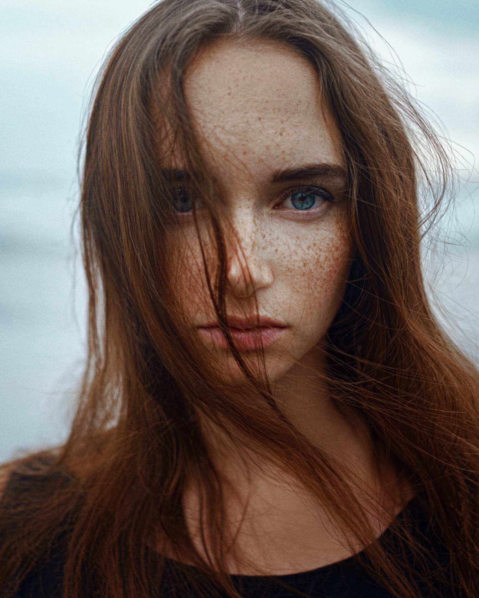 Women Model Face Freckles Portrait Hair In Face Blue Eyes Long Hair Anastasia Nelen 1619x2024