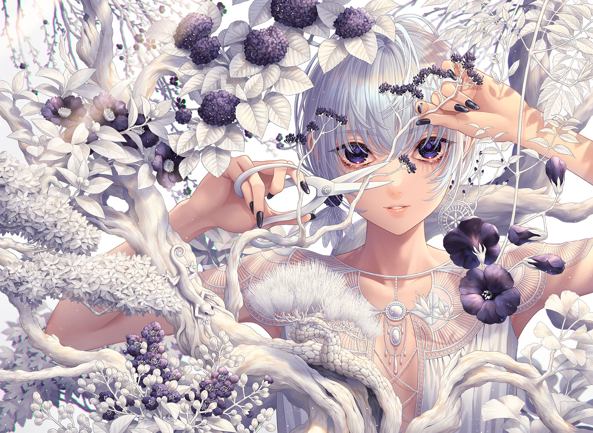 Anime Anime Girls Long Nails Black Nails Blonde Flowers Looking At Viewer Trees Earrings Short Hair  1900x1389