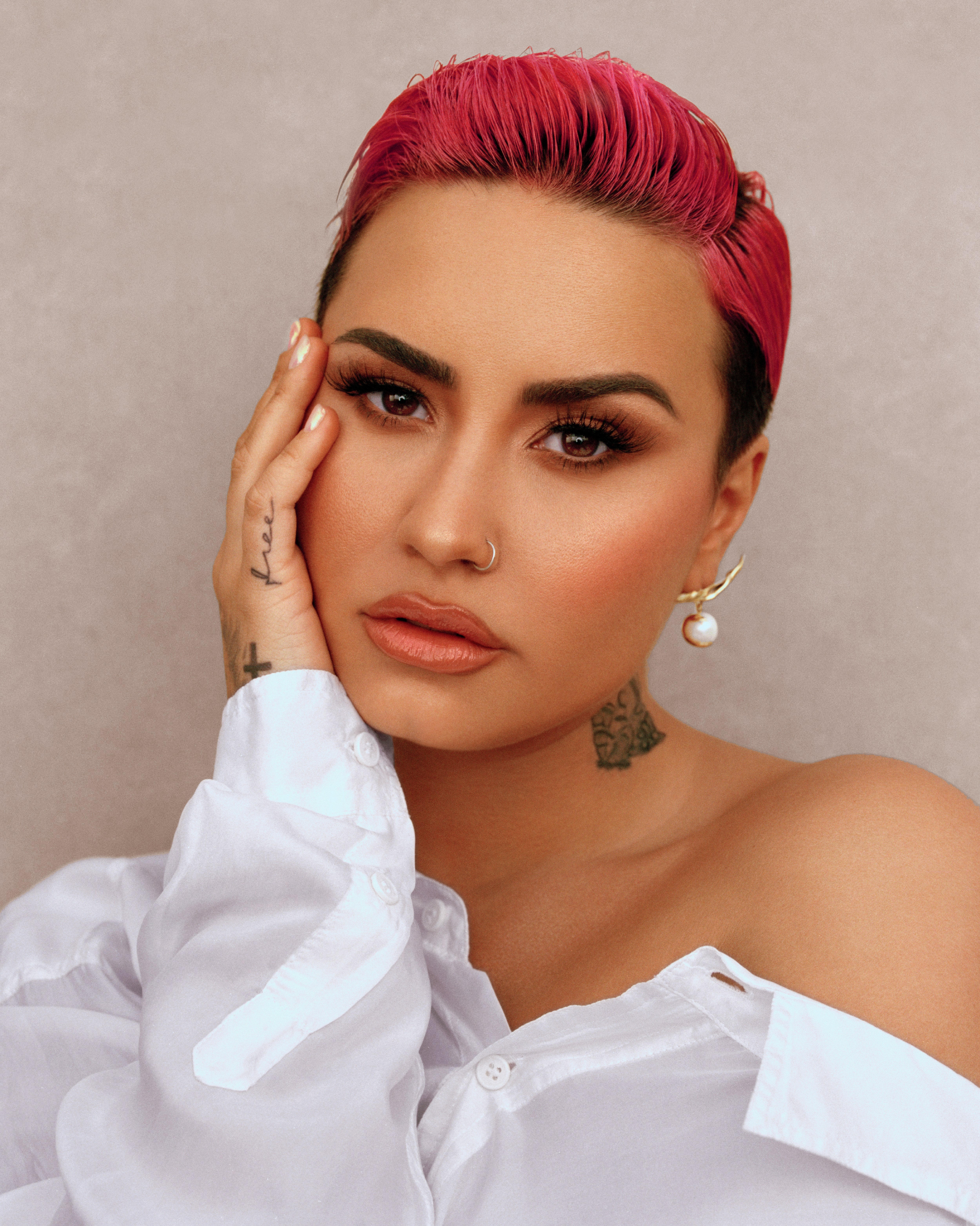 Demi Lovato Women Pink Hair Dyed Hair Celebrity Singer Looking At Viewer Bare Shoulders Inked Tattoo 5000x6250