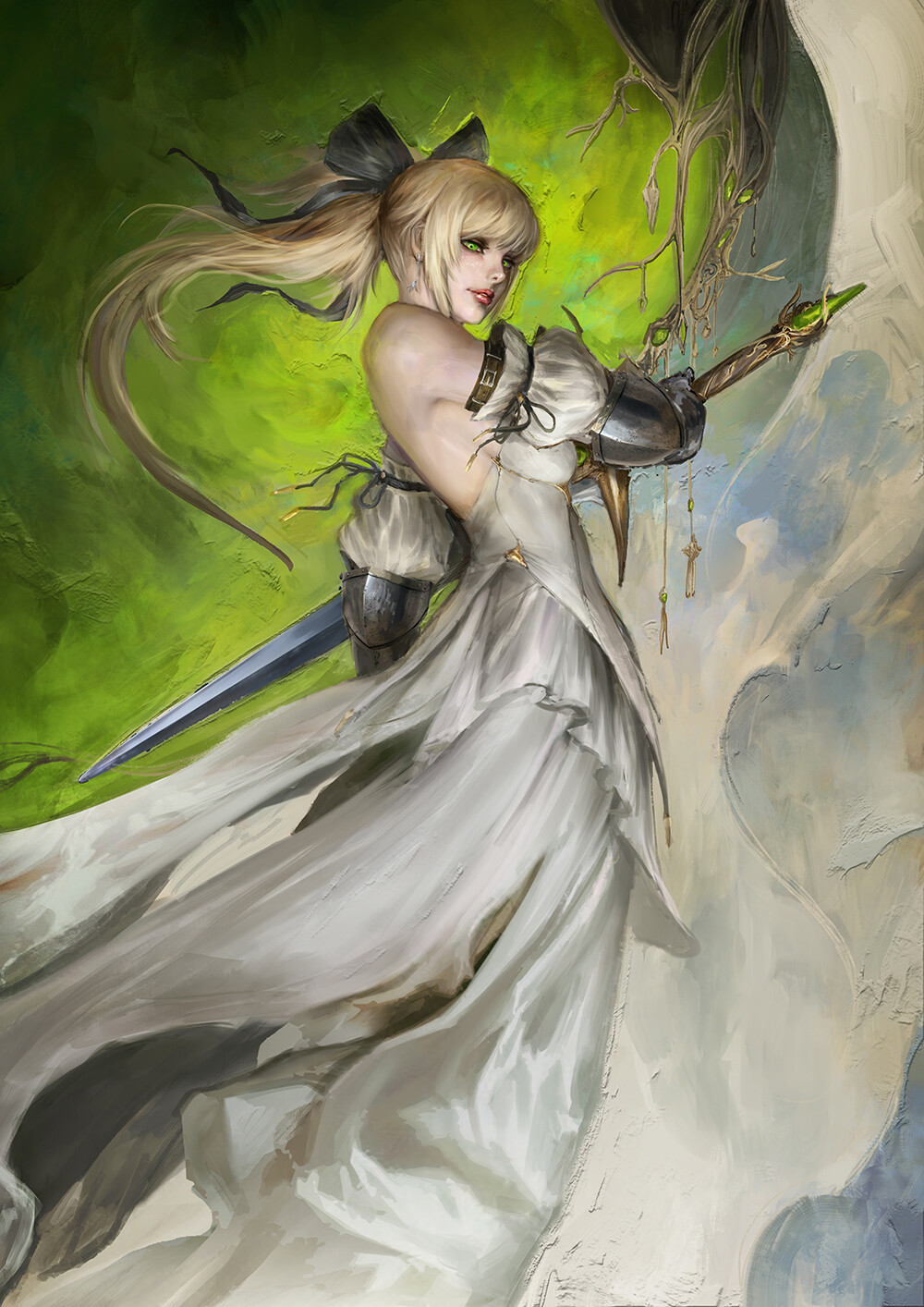 Daniel Kamarudin Artwork Fantasy Art Fantasy Girl Women Blonde Girls With Swords Sword Weapon Green  1000x1414