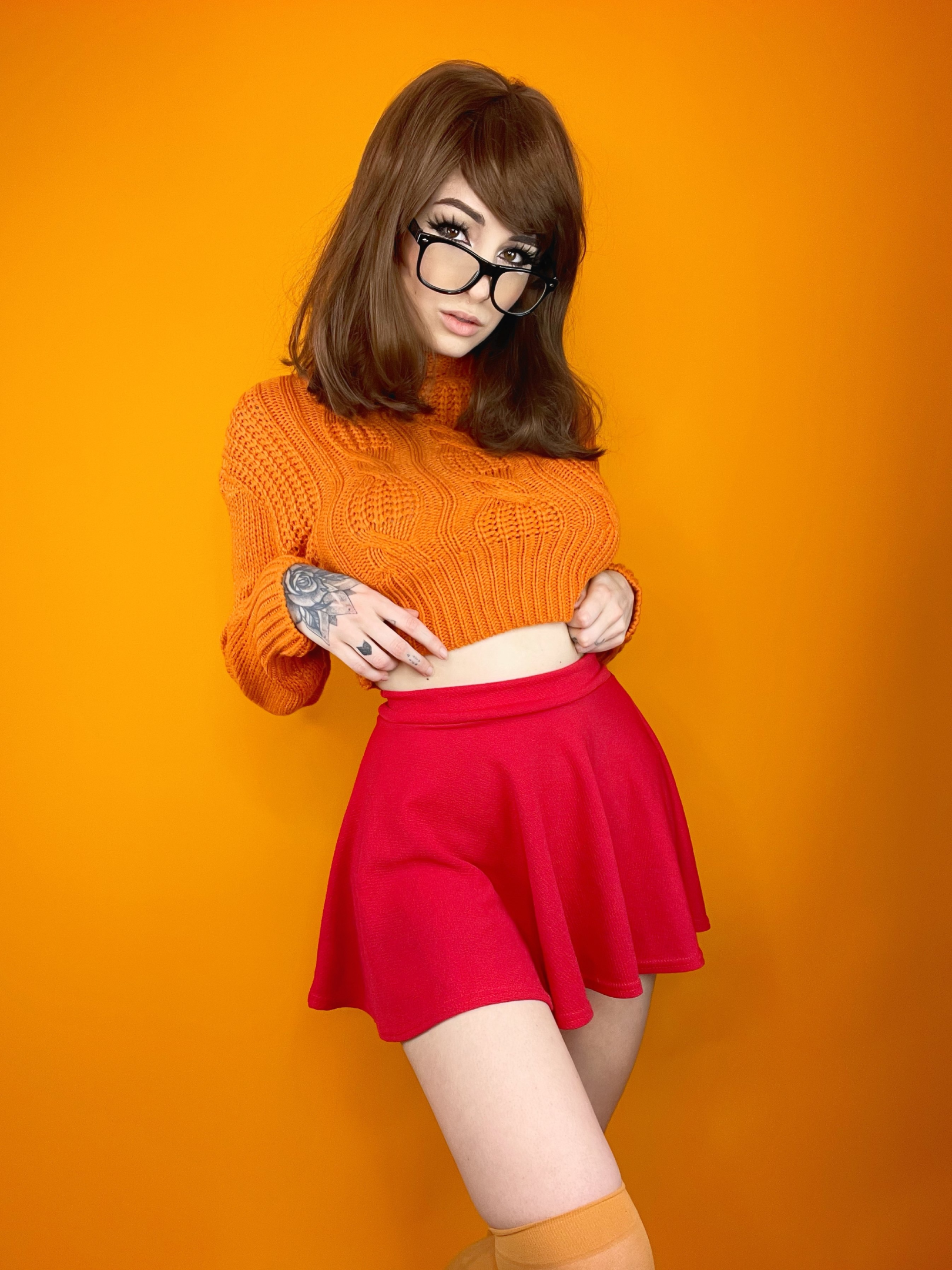 Women Model Cosplay Velma Dinkley Scooby Doo Studio Sweater Orange Sweater Orange Background Women W 1620x2160