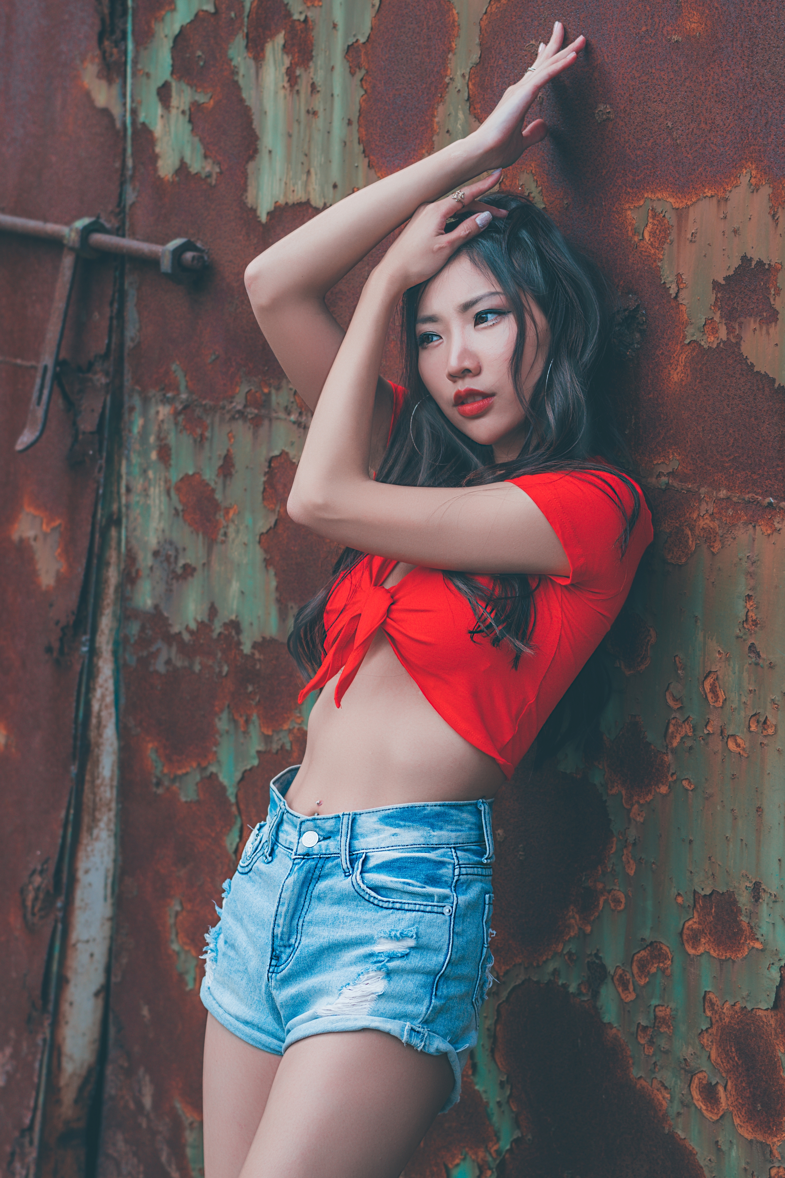 Rainbow Alice Women Model Asian Brunette Red Tops Parted Lips Rust Portrait Display Vertical Red Lip 2560x3840