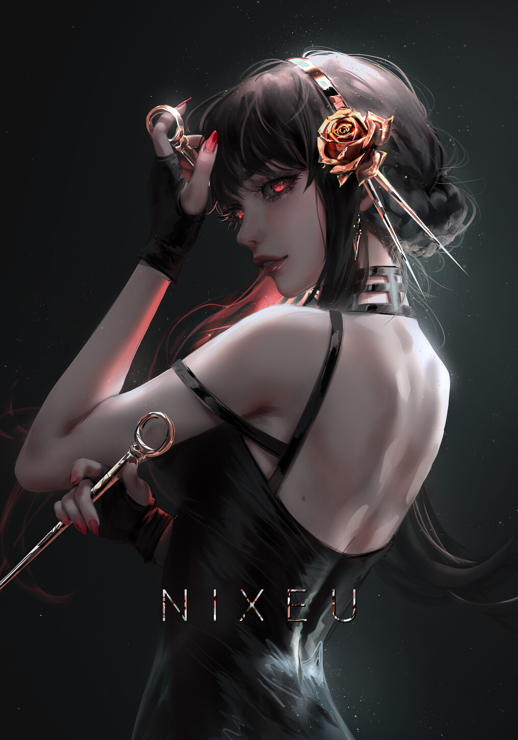 Nixeu Drawing Women Brunette Red Nails Flower In Hair Red Eyes Rose Dress Black Clothing Simple Back 1015x1450