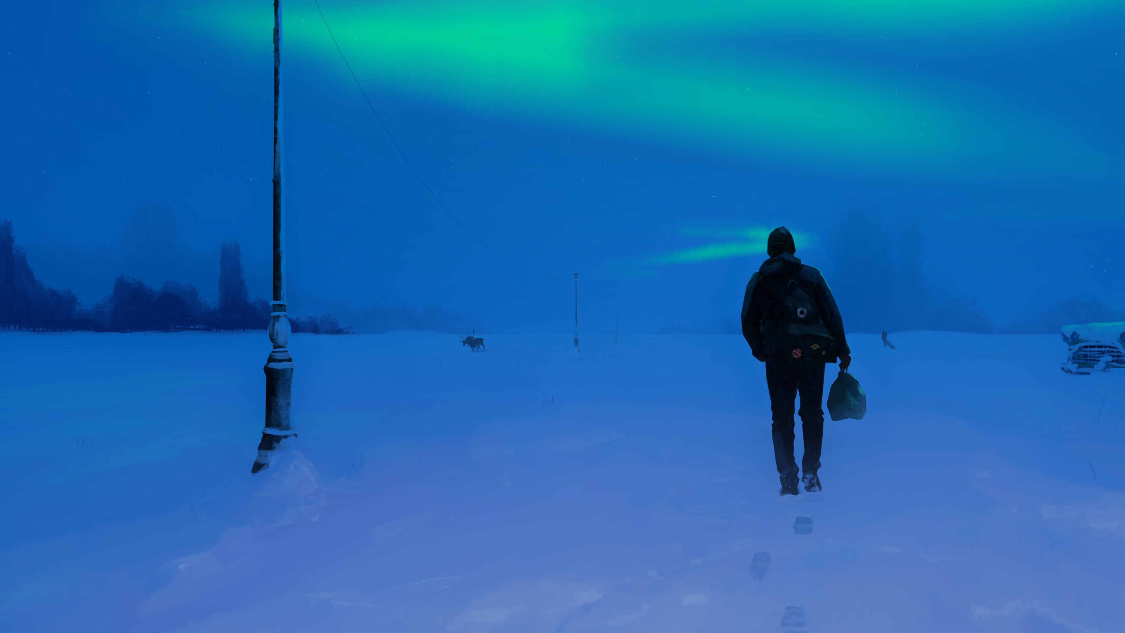 Aurorae Alone Snow Walking Elk Light Post Foot Prints Florian Aupetit Winter 3840x2160