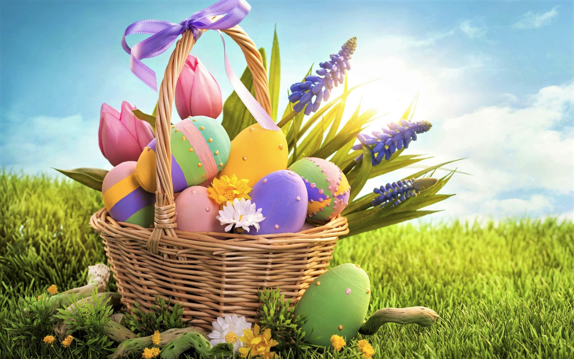 Easter Egg Colorful Basket Ribbon 1920x1200