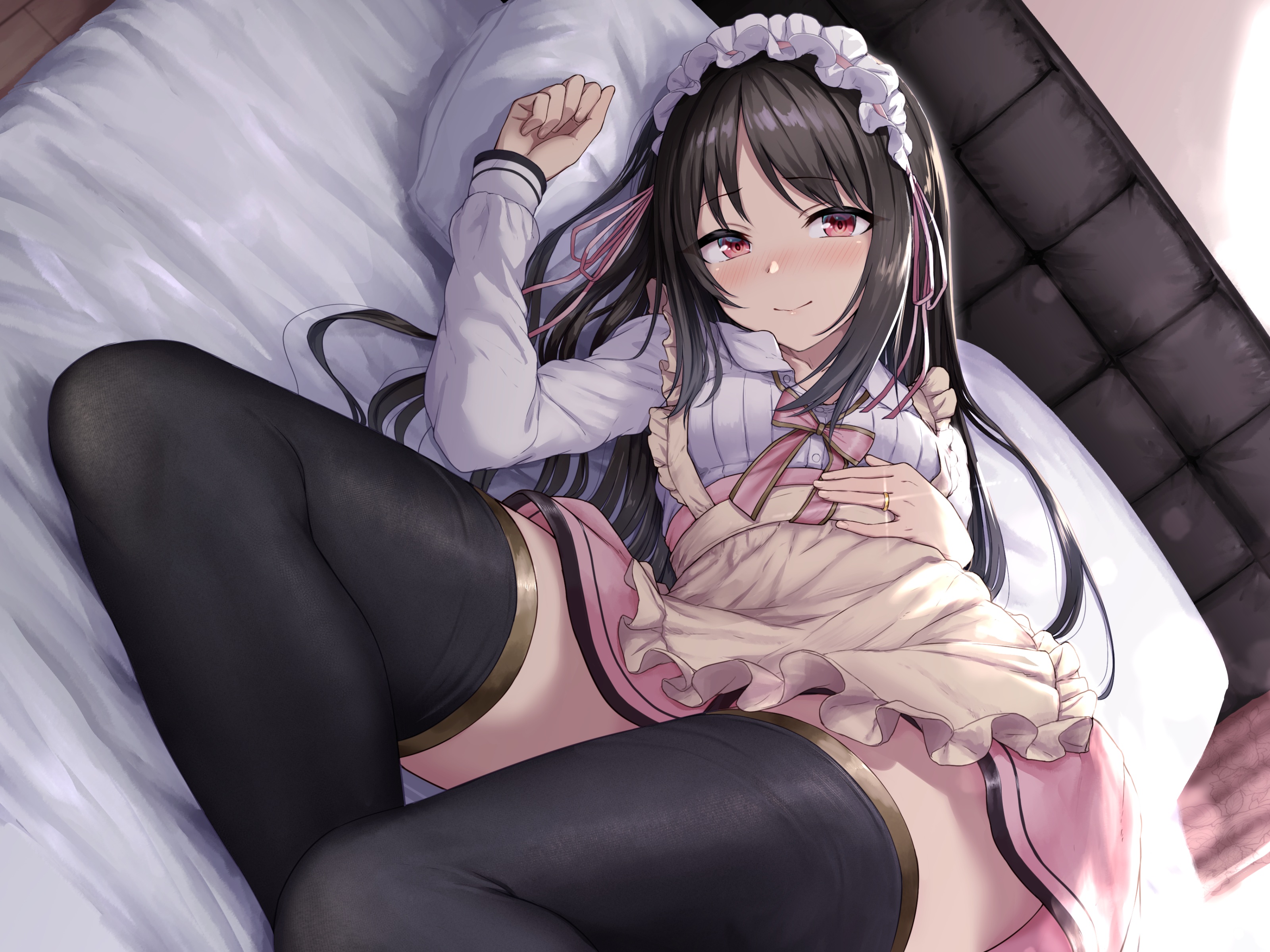 Anime Anime Girls Wedding Ring Maid Outfit Lying On Back Skirt Looking At Viewer Smiling Rings Blush 3200x2400