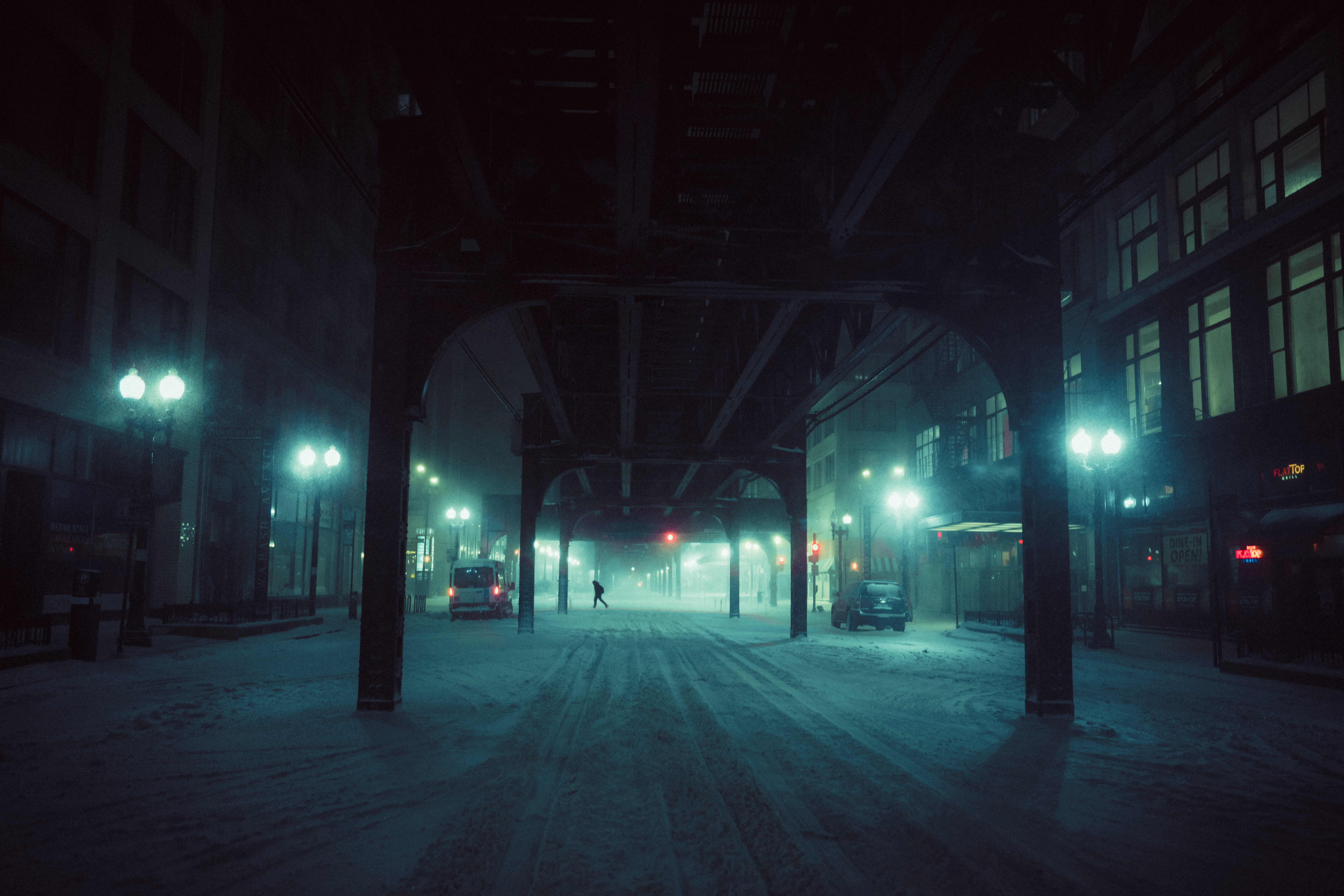 Urban Architecture City Dark Night Film Grain Cold Snow Vaporwave 7127x4754
