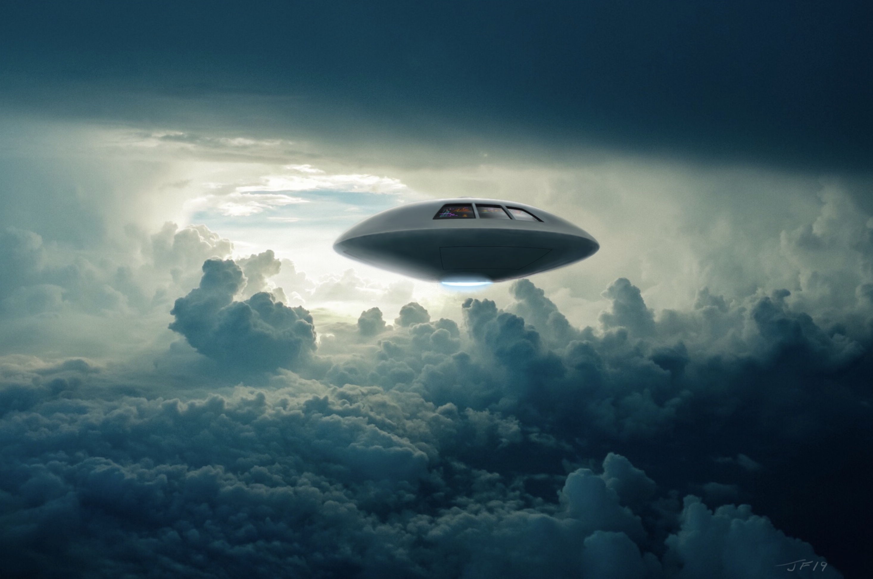 Digital Art UFO Spaceship Photo Manipulation Clouds Sky Watermarked 2932x1945