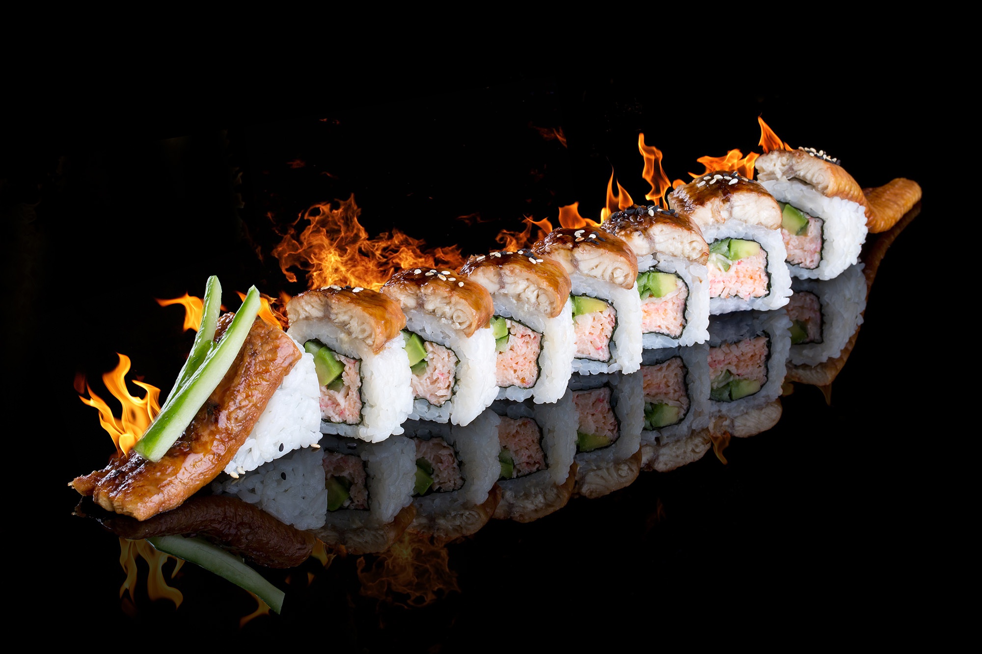 Fire Fish Reflection Rice Seafood Sushi 2000x1333