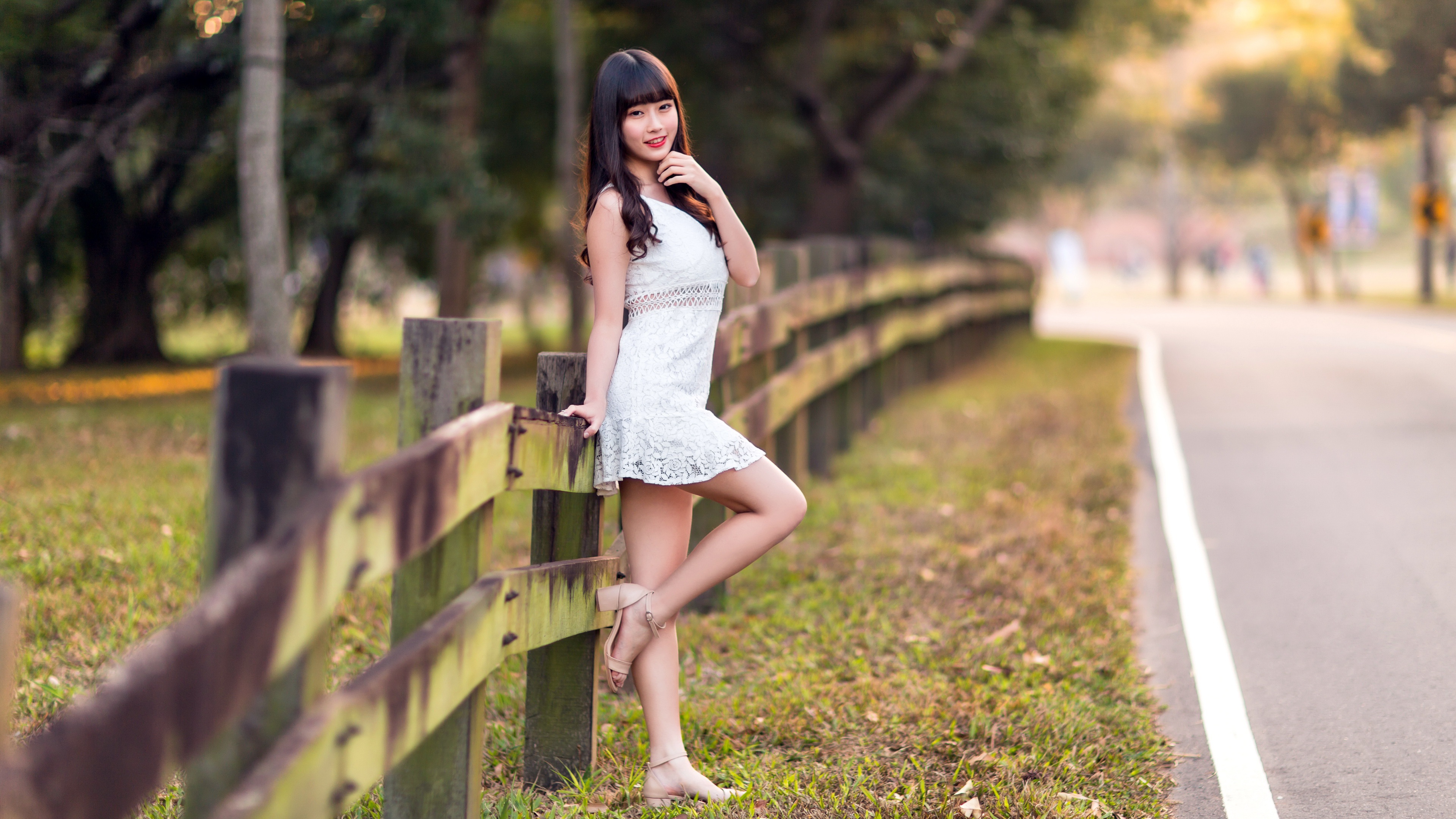 Asian Women Model Fence Street Leg Up Dress Looking At Viewer 3840x2160