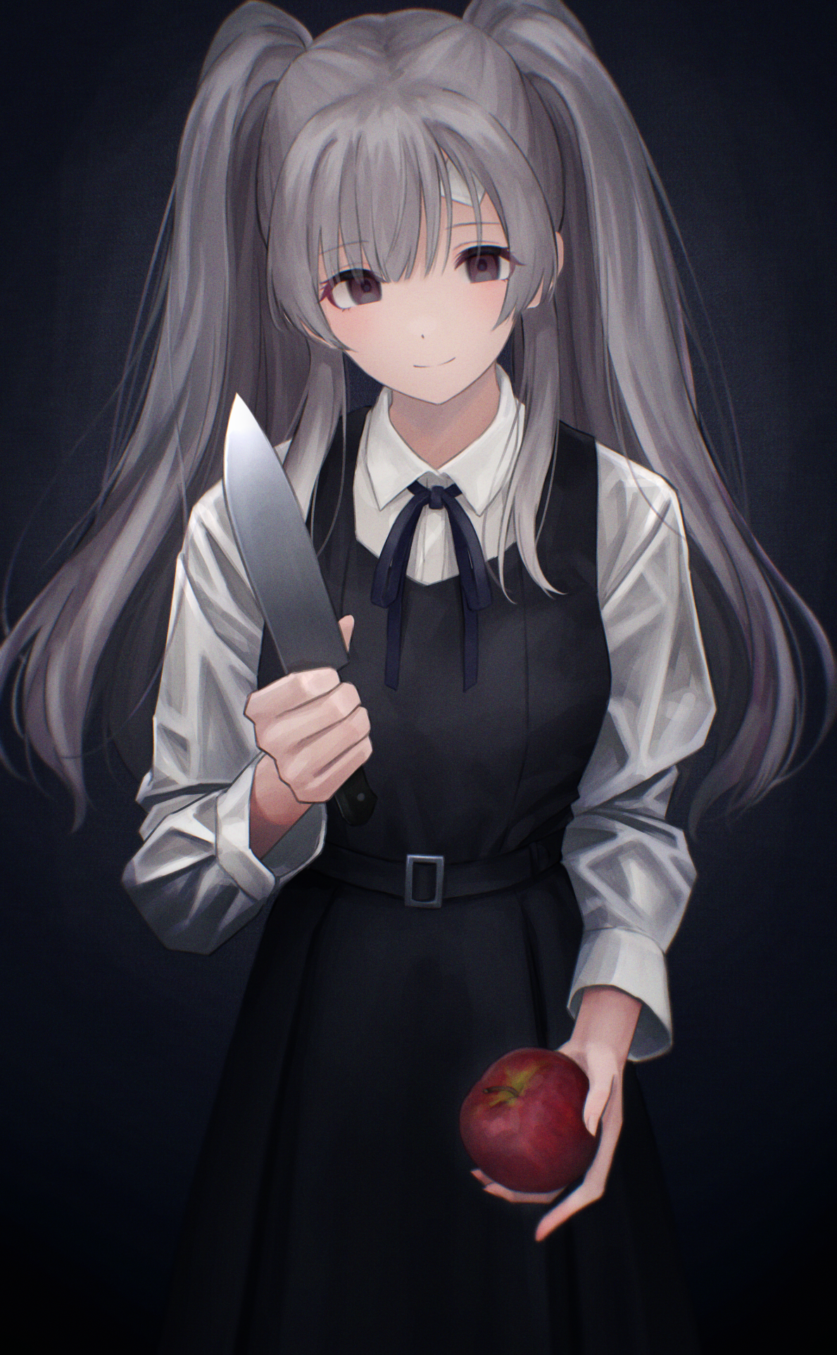Anime Anime Girls The Idolmaster Shiny Colors Kiriko Yukoku Vertical Gray Hair Dark Eyes Apples Knif 1189x1923