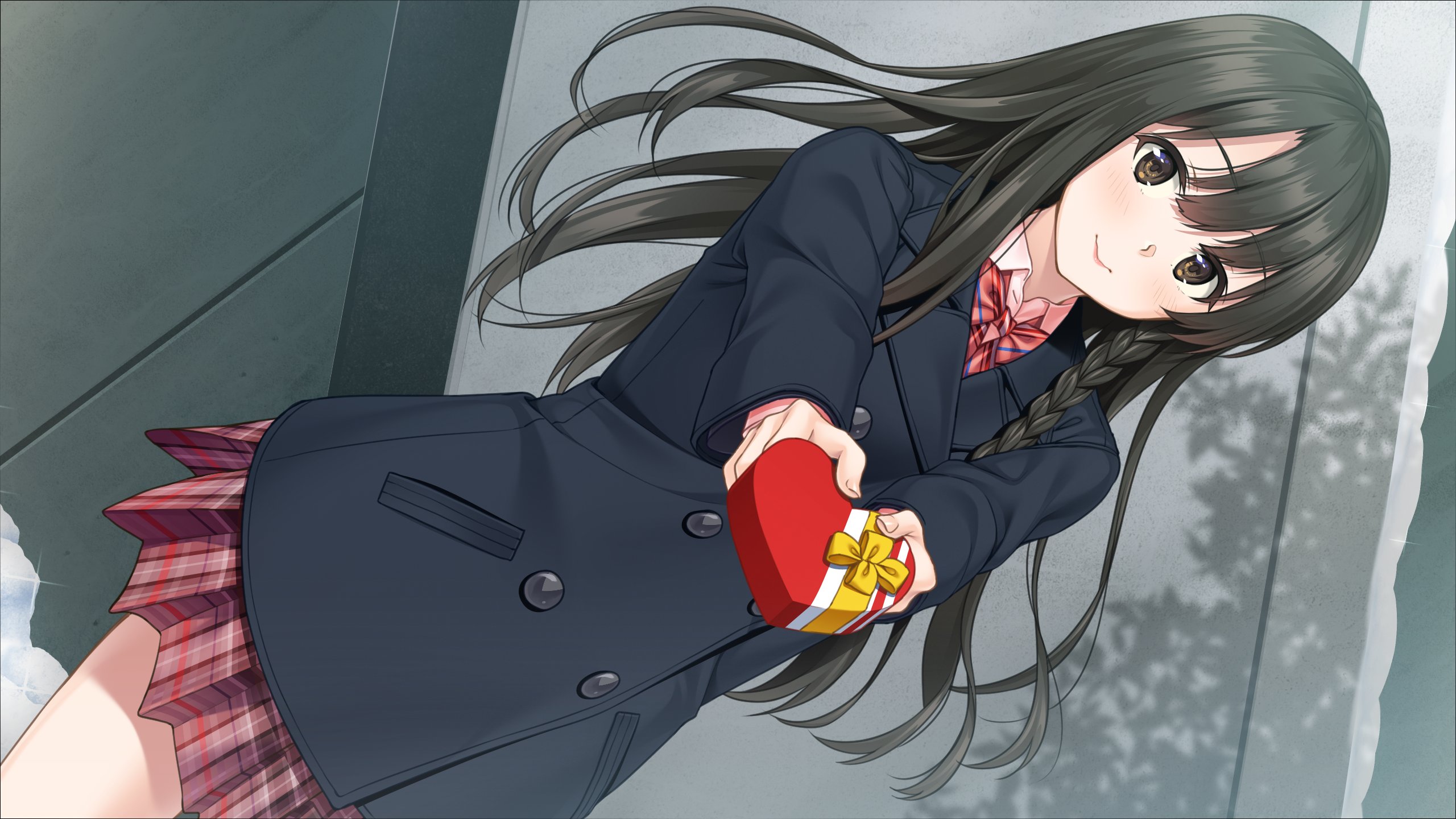 Anime Anime Girls School Uniform Gift Dark Hair Brown Eyes Valentines Day Game CG Unasaka 2560x1440