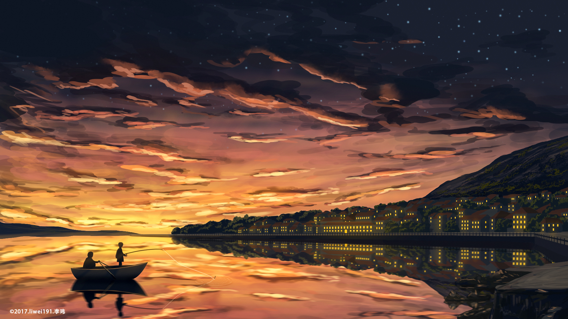 City Boat Sunset Starry Sky 1920x1080