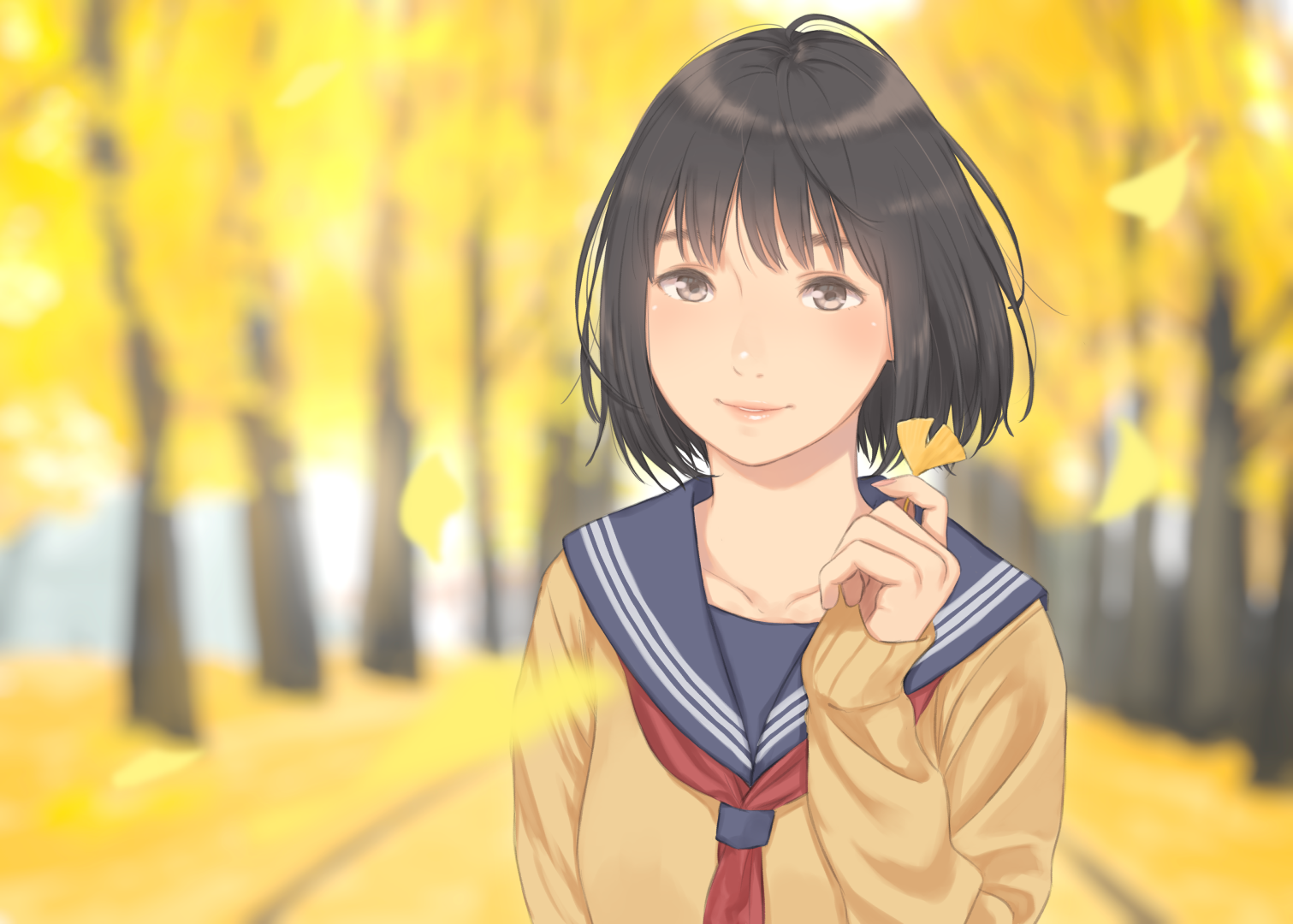 Anime Anime Girls Short Hair Fall Black Hair Smiling Looking At Viewer Long Nails Trees Sailor Unifo 1511x1080