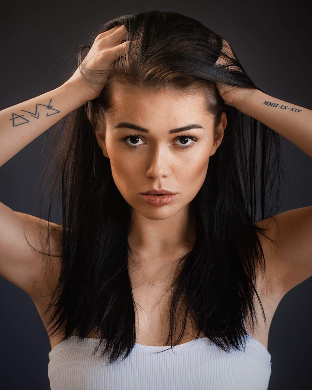 Women Black Hair Brunette Looking At Viewer Hands In Hair Simple Background Long Hair Tattoo White T 1080x1350