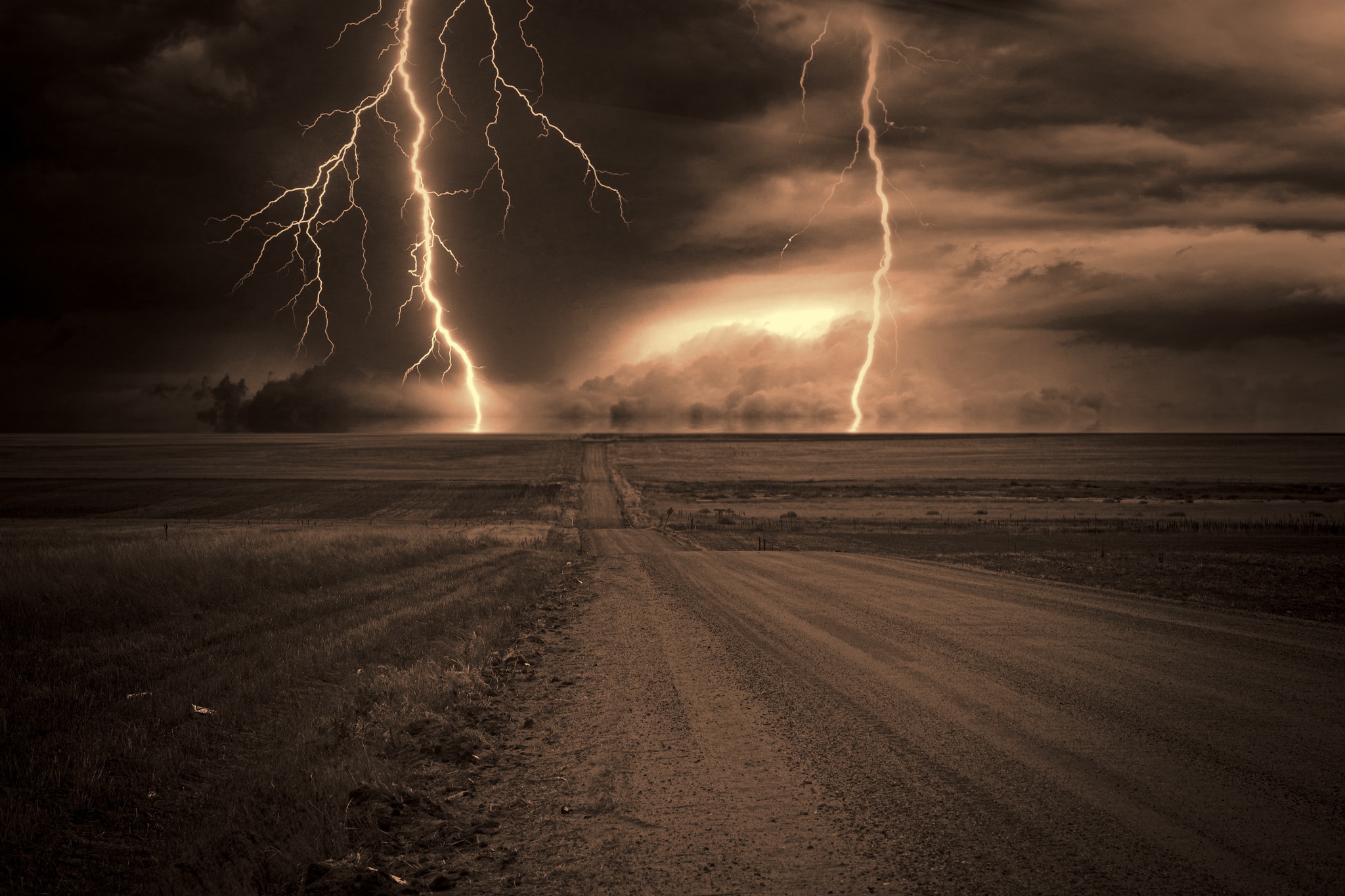 Lightning Dirt Road Road Sky Field Landscape 2048x1365