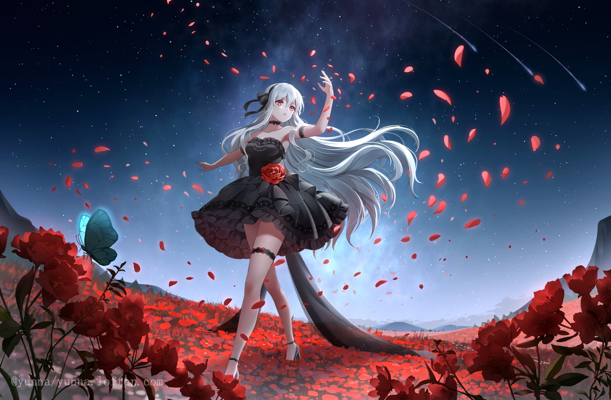 Anime Anime Girls Butterfly Red Flowers Petals Dress Silver Hair Long Hair Red Eyes 2000x1310