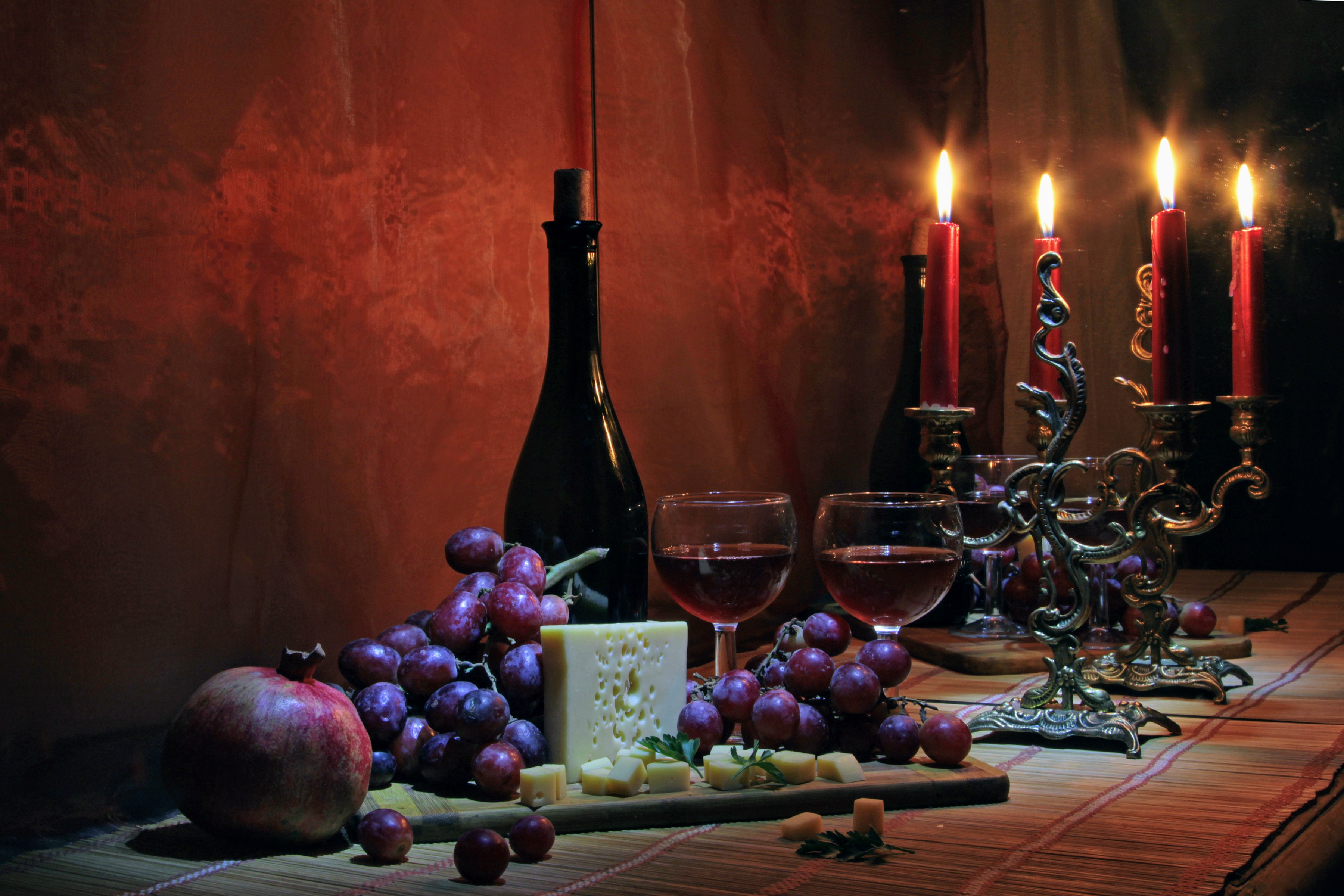 Wine Grapes Cheese Candle Pomegranate 3600x2400