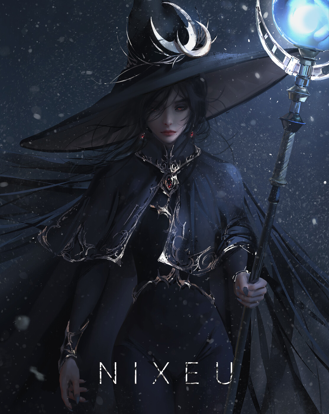 Nixeu Drawing Women Hat Staff Fantasy Art Black Clothing Night Snow 1112x1400