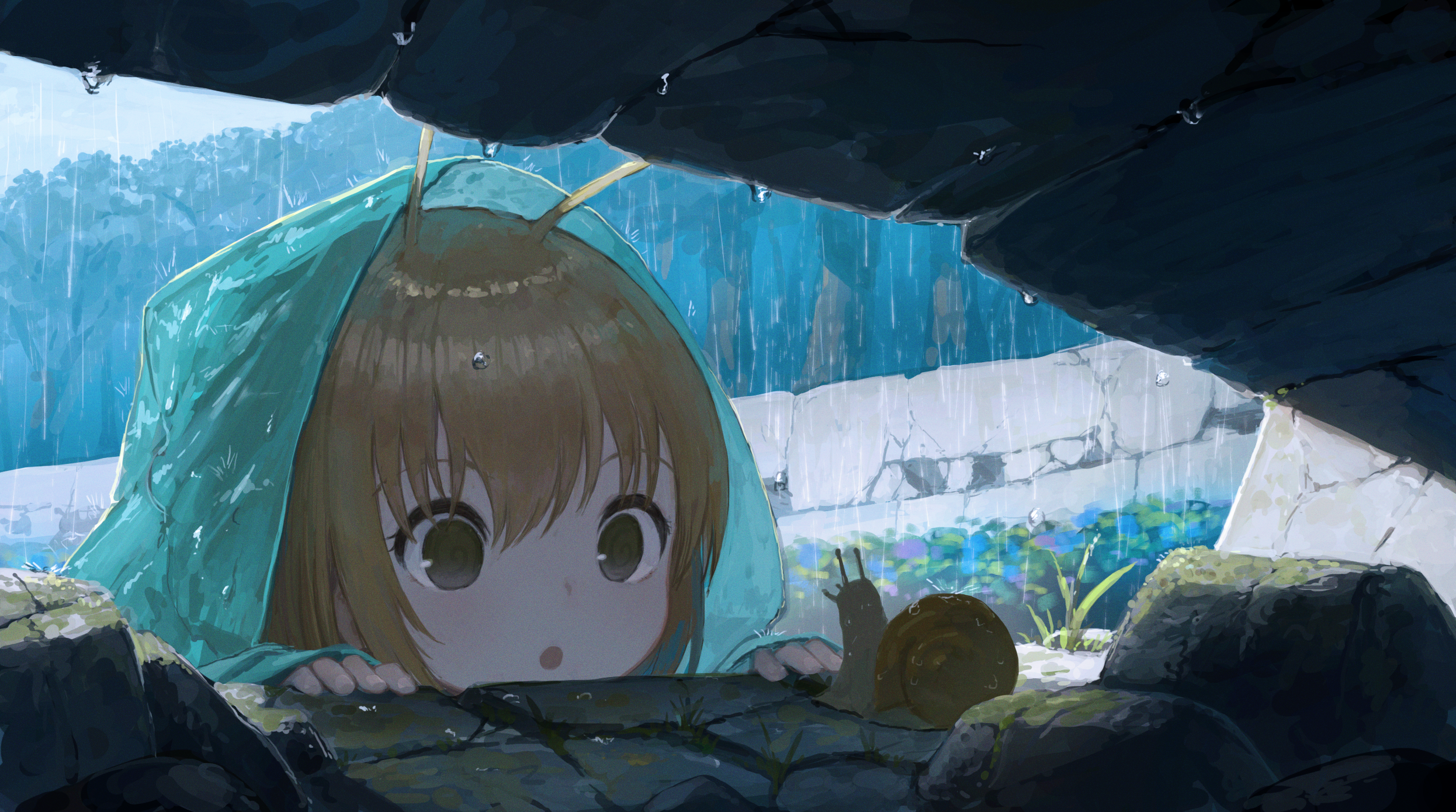 Anime Girls Snail Rain Bangs 2492x1390