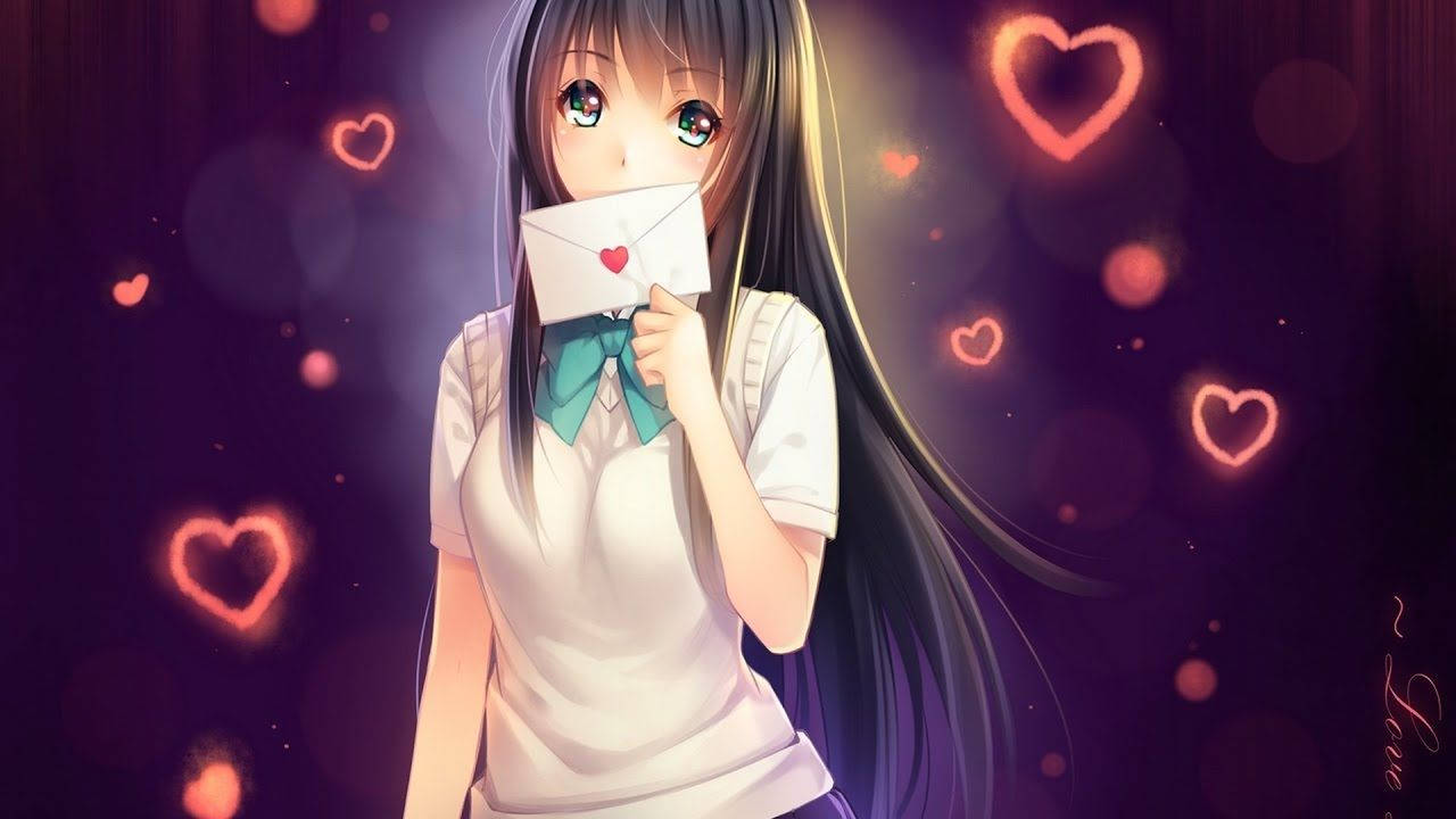Anime Anime Girls Artwork Digital Art Schoolgirl School Uniform Letter Hearts Brunette Long Hair Blu 4096x2304