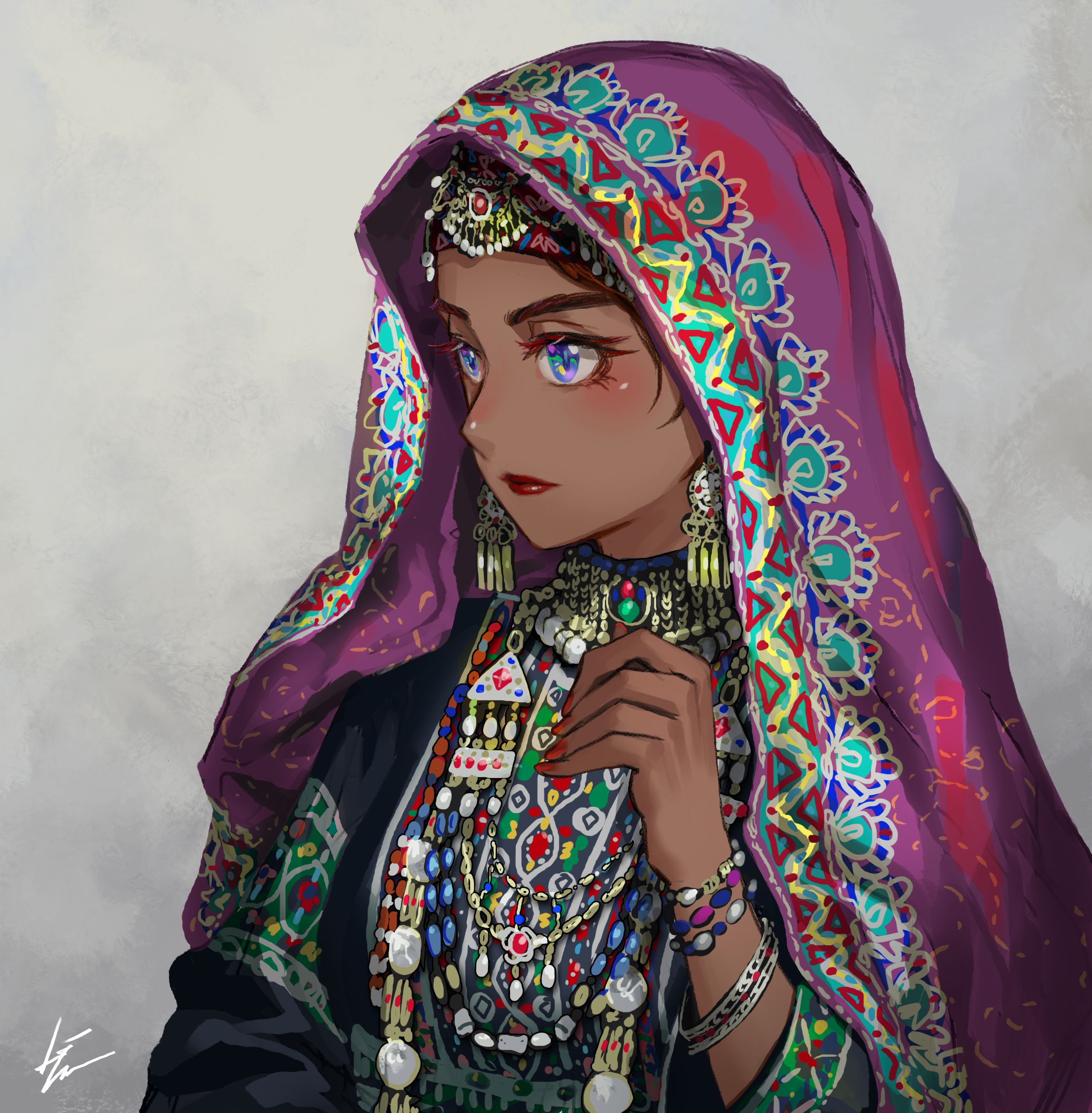 Artwork Women Traditional Clothing Blue Eyes Hinduism Indian 2560x2609