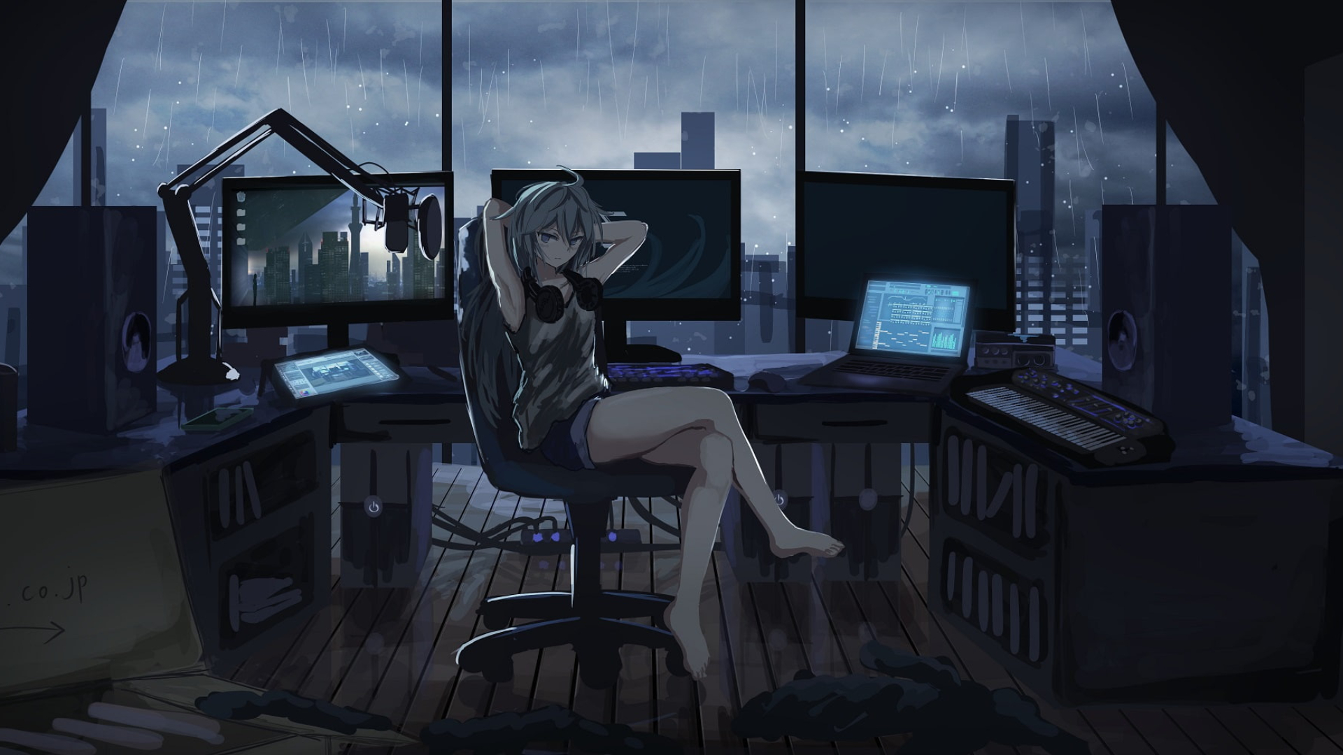 Anime Girls Rain Headphones Anime Computer Monitor Window Barefoot 1920x1080