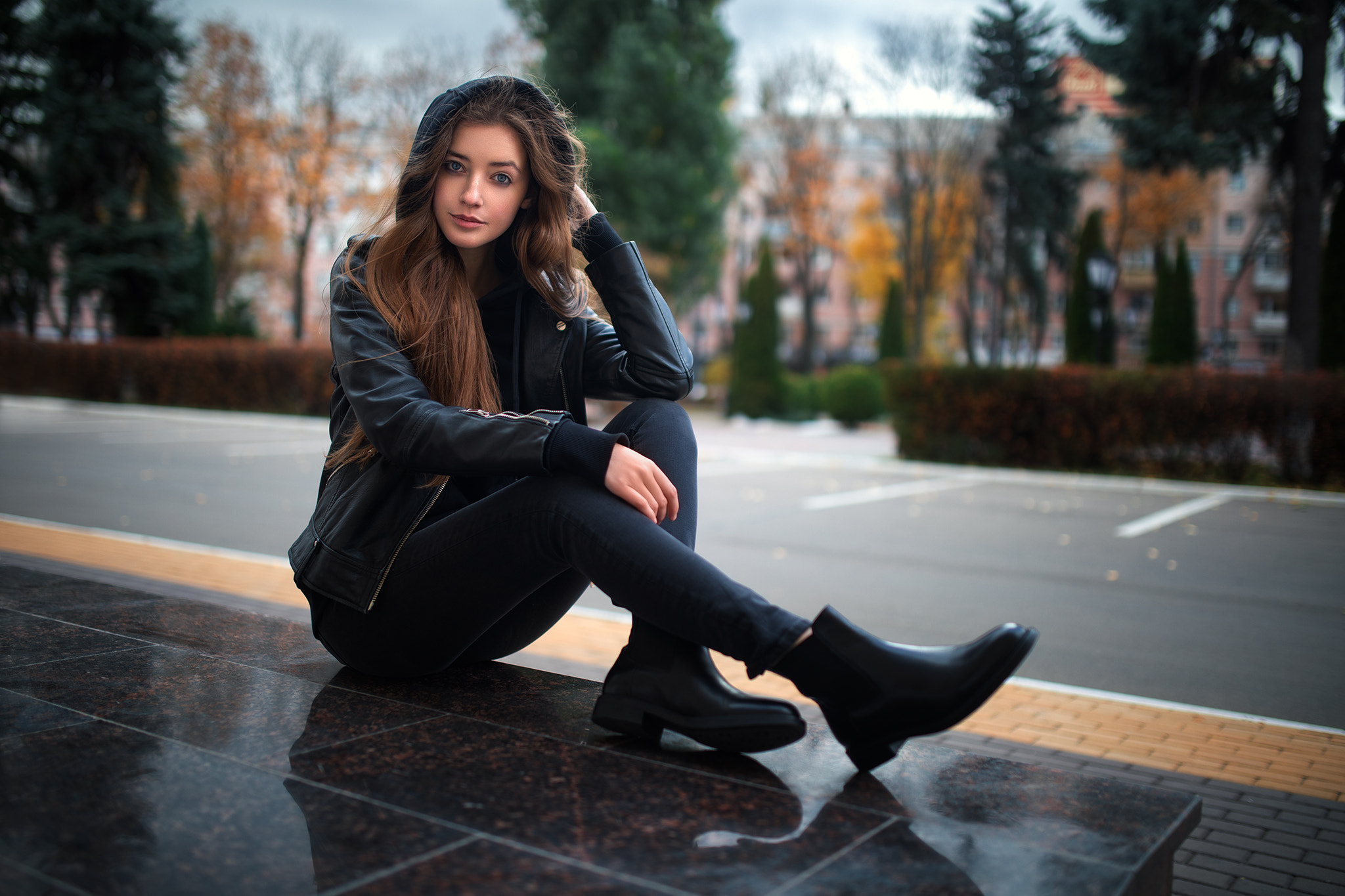Dmitry Shulgin Women Hoods Brunette Long Hair Jacket Black Clothing Jeans Boots Reflection Outdoors  2048x1365