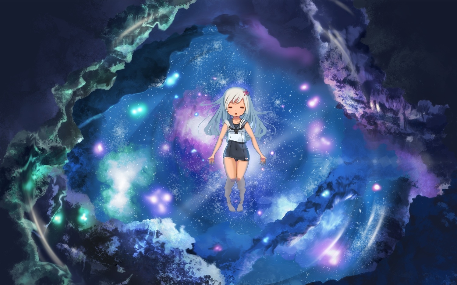 Kantai Collection Anime Anime Girls Frontal View Lying Down Swimming Reflection Sky Stars 1500x938