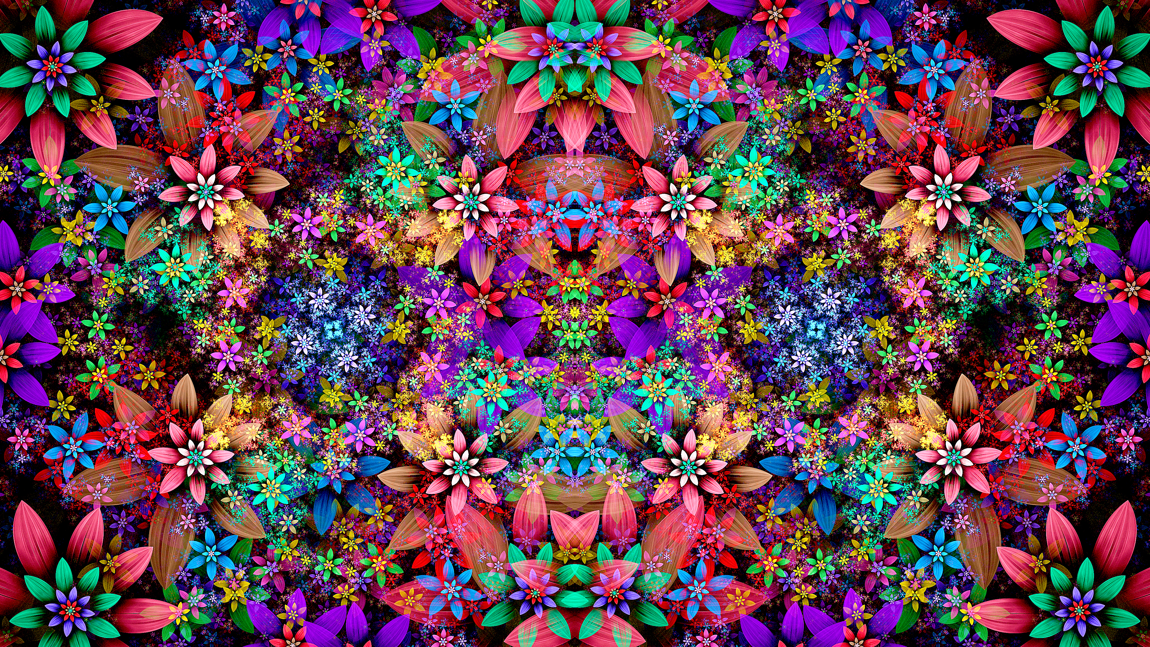 Abstract Flowers Leaves Mirrored Symmetry 3840x2160