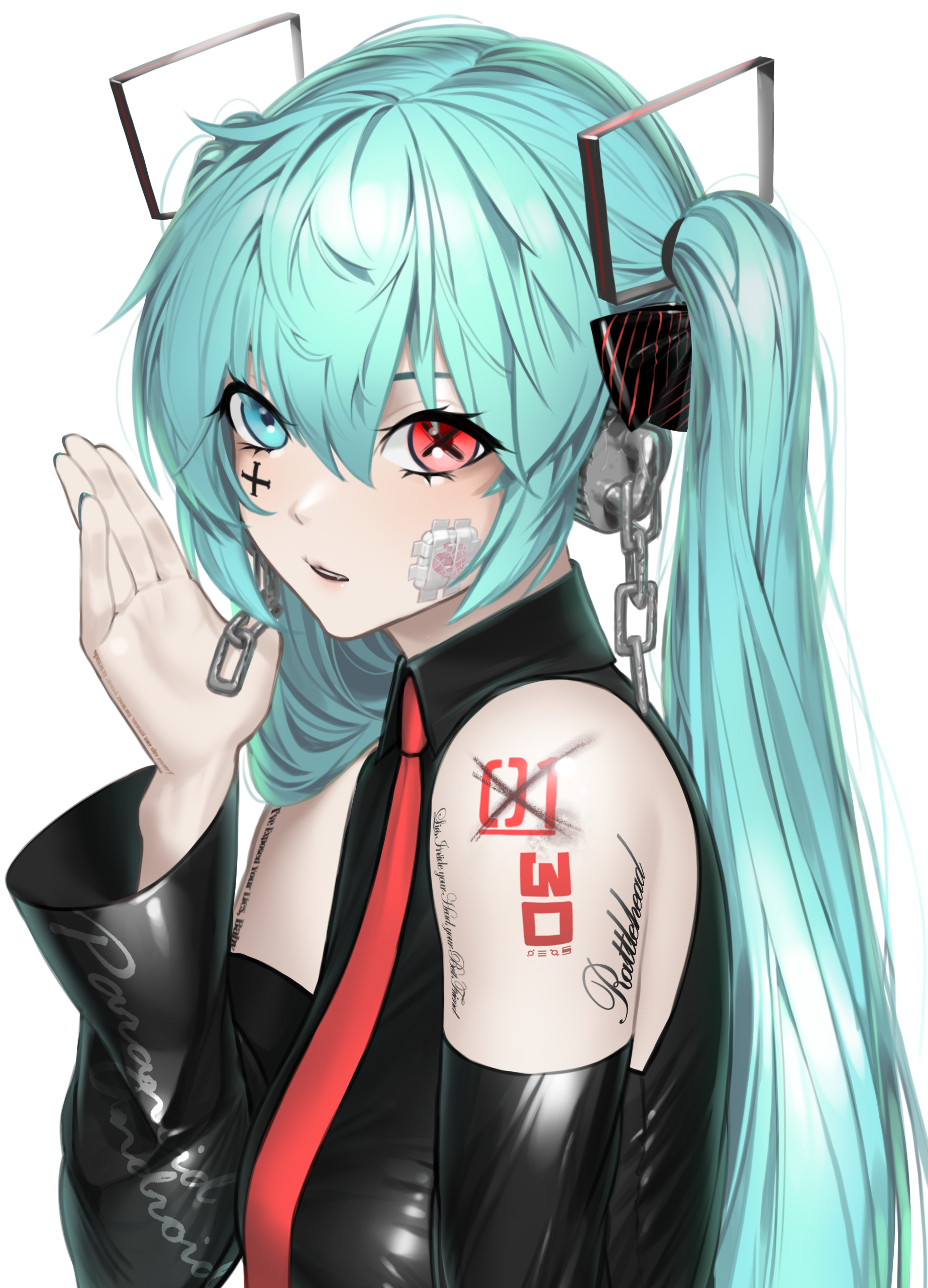 Hatsune Miku Vocaloid Detached Sleeves Twintails Aqua Hair Heterochromia Symbol Shaped Pupils Inked  1847x2563