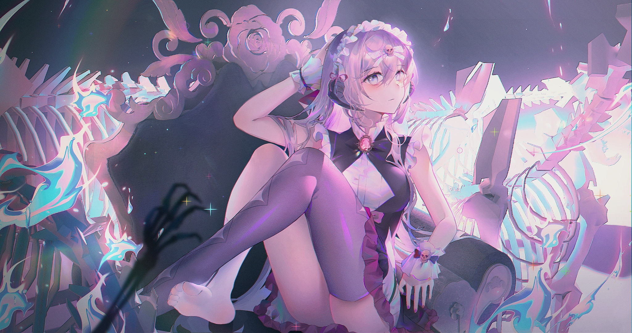 Anime Anime Girls Purple Hair Horns Lolita Fashion 2048x1080