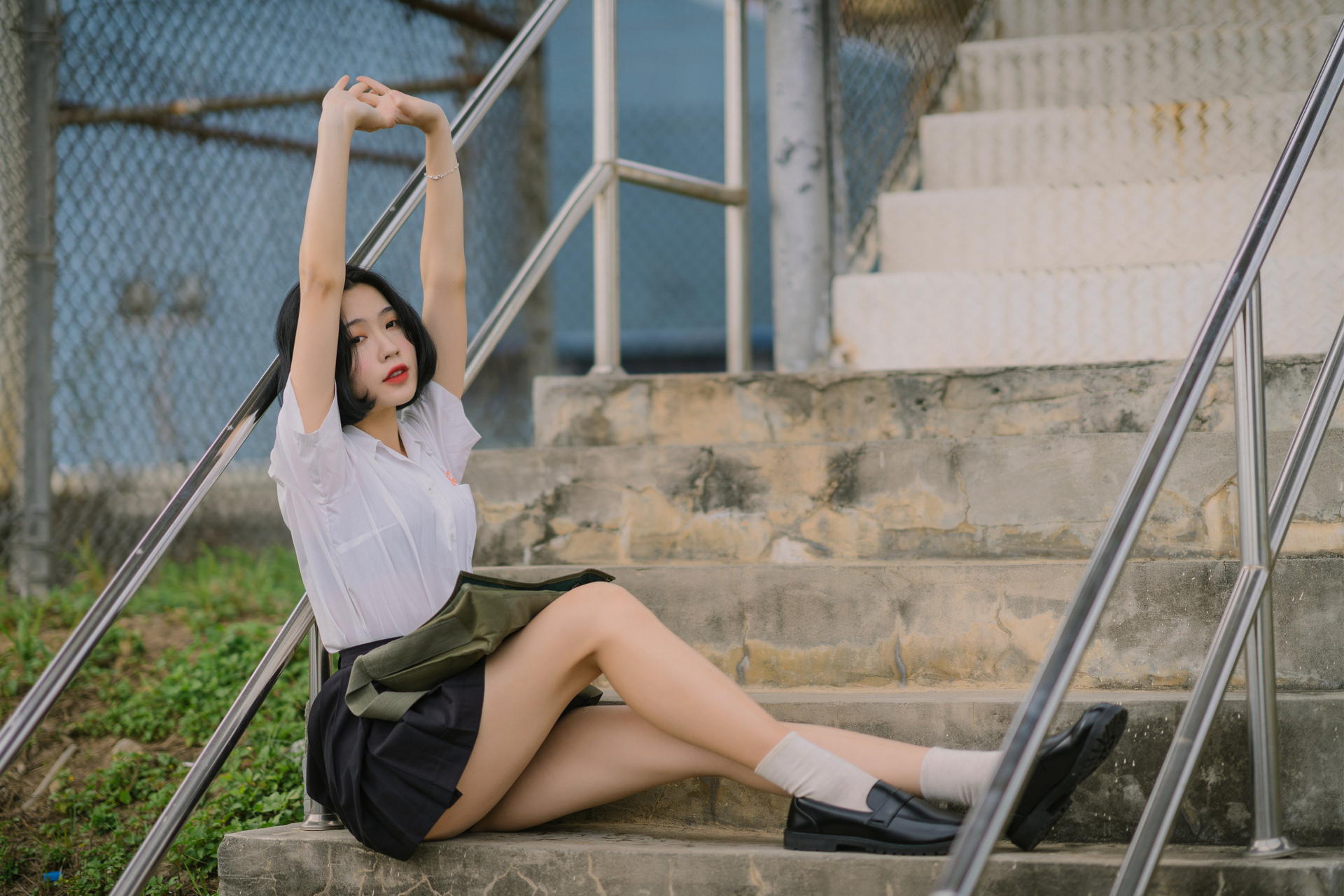 Asian Model Women Dark Hair Depth Of Field Sitting Railings Leaning Black Skirts White Shirt Short H 1920x1280