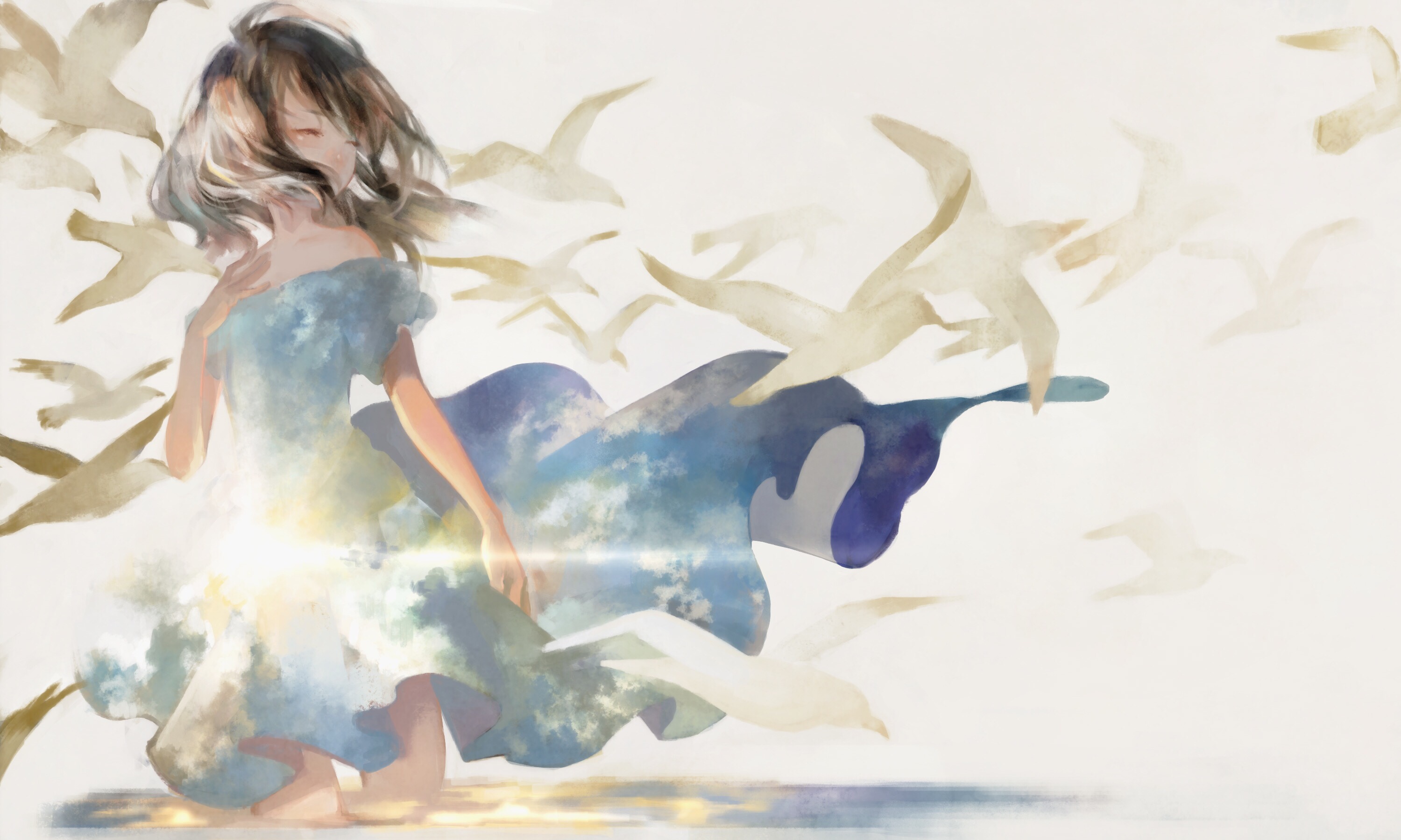 Anime Anime Girls Clouds White Background Brunette Birds Seagulls Sky Closed Eyes Dress Satomatoma 3000x1800