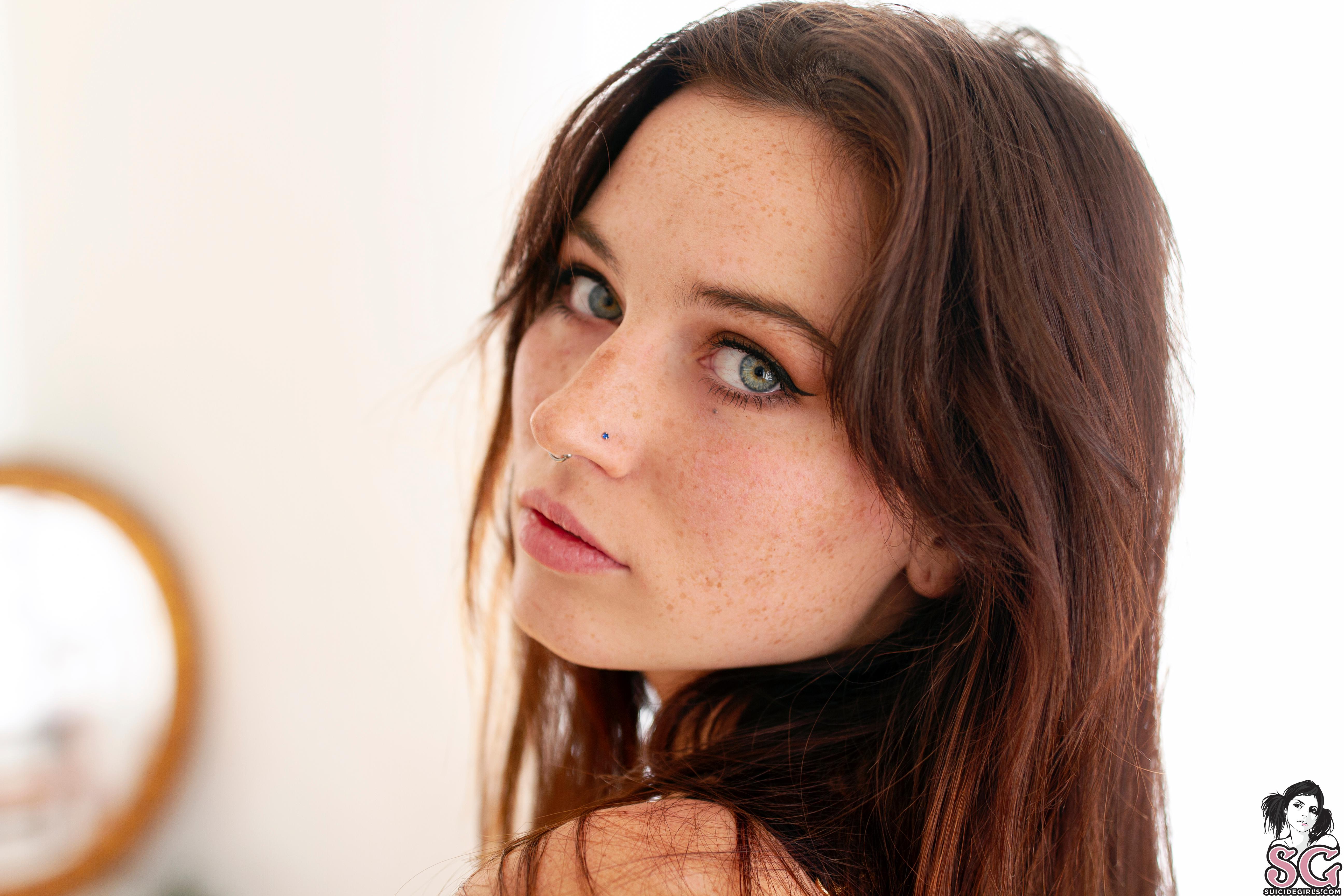 Brunette Women Model Face Blue Eyes Piercing Pink Lipstick Bokeh Looking At Viewer 5184x3456