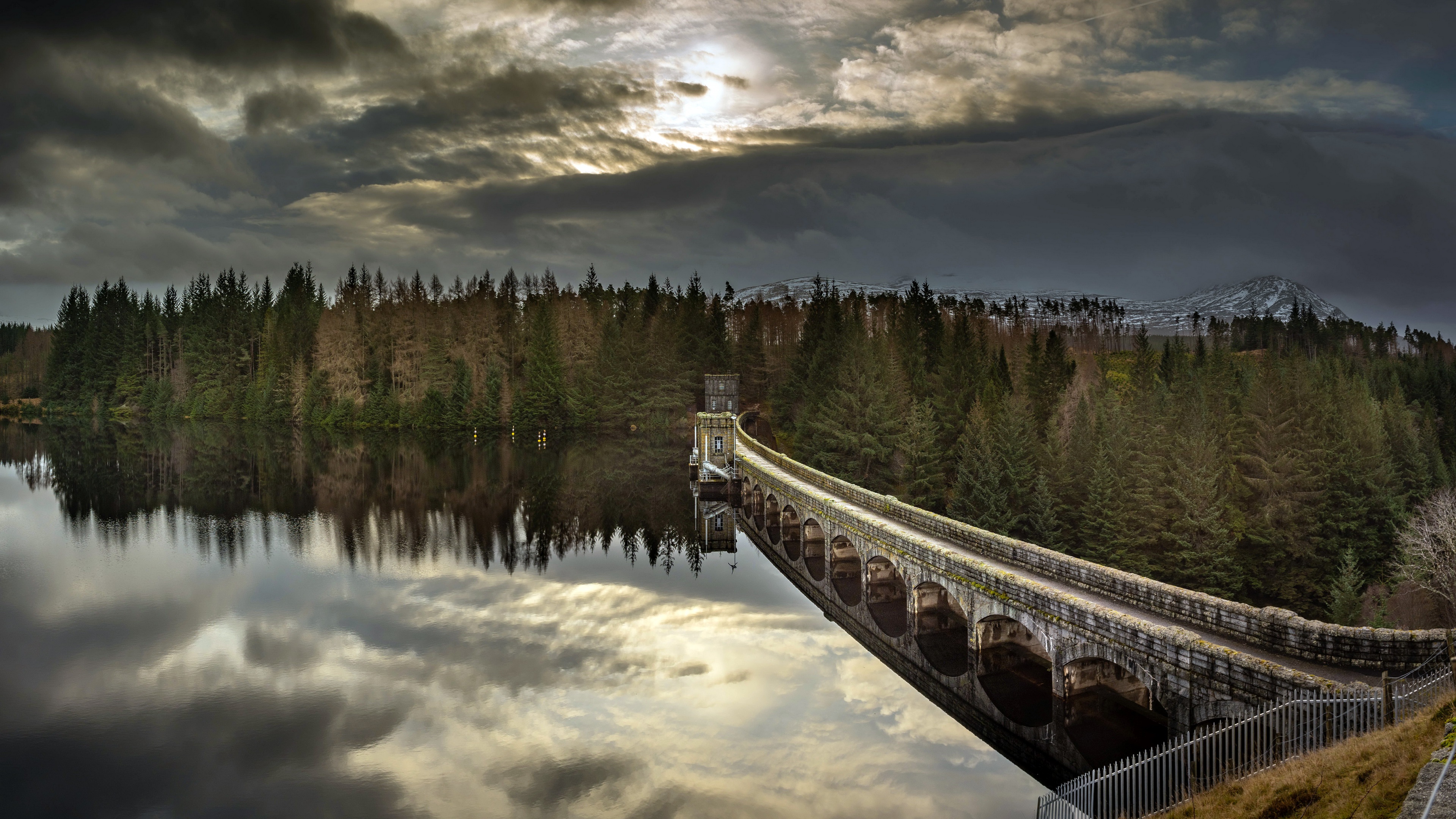 Nature Landscape Dam Fall Water Sky Trees Reflection 3840x2160