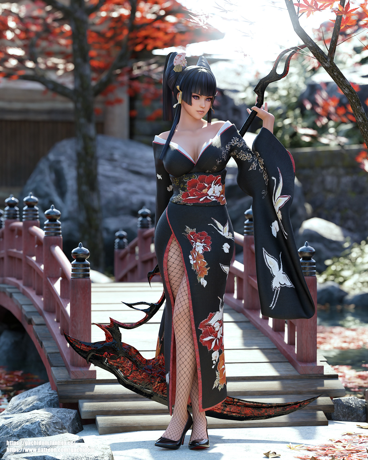 Nyotengu Video Games Video Game Girls Kimono Bare Shoulders 3D CGi Artwork Digital Art Fan Art 1280x1600