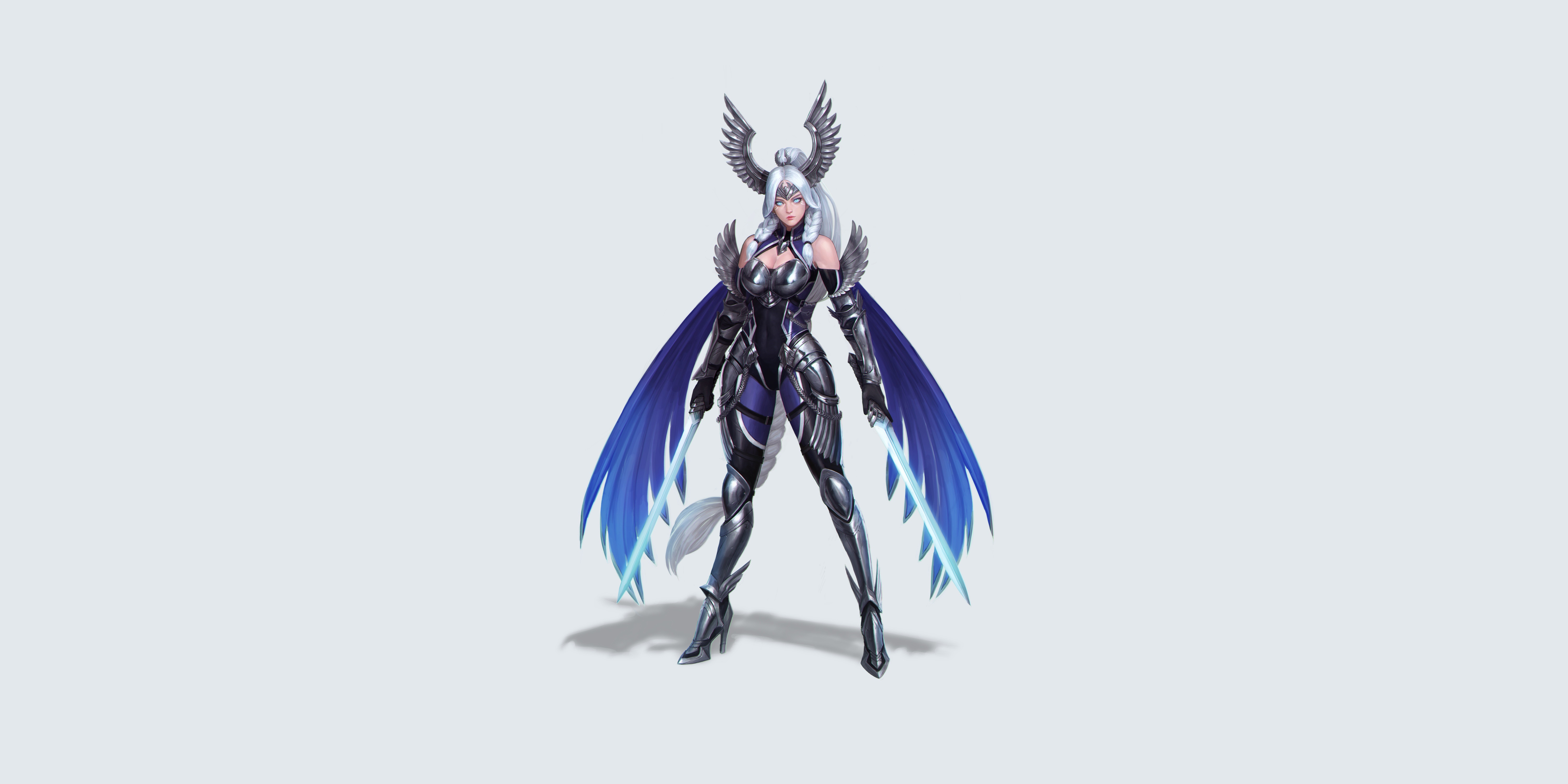 Girl Woman Warrior Sword Wings White Hair Braid 6000x3000