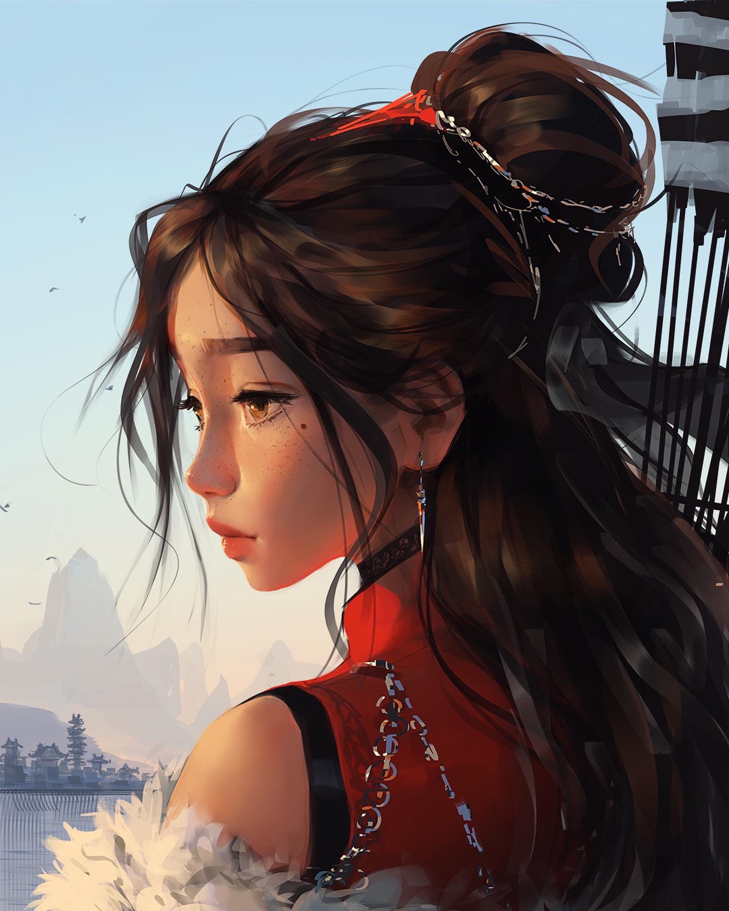 Sam Yang Digital Art Ling Feng Artwork Depth Of Field Freckles Asian Anime Girls Mountains Arrows Wo 1440x1800