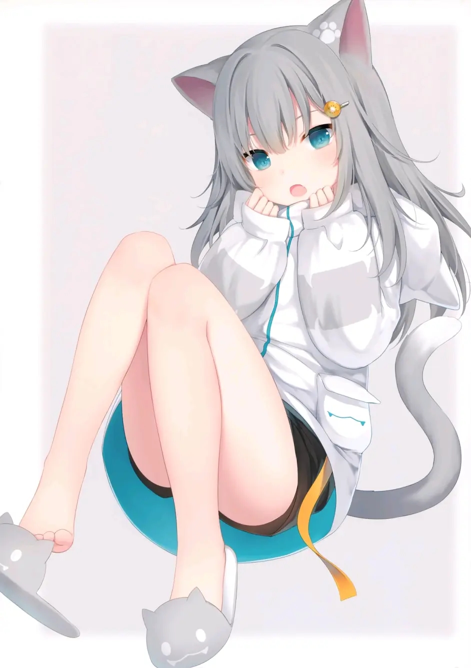 Cat Girl Anime Girls Amashiro Natsuki Artwork Nacho Neko Animal Ears Tail Grey Hair Aqua Eyes 942x1335