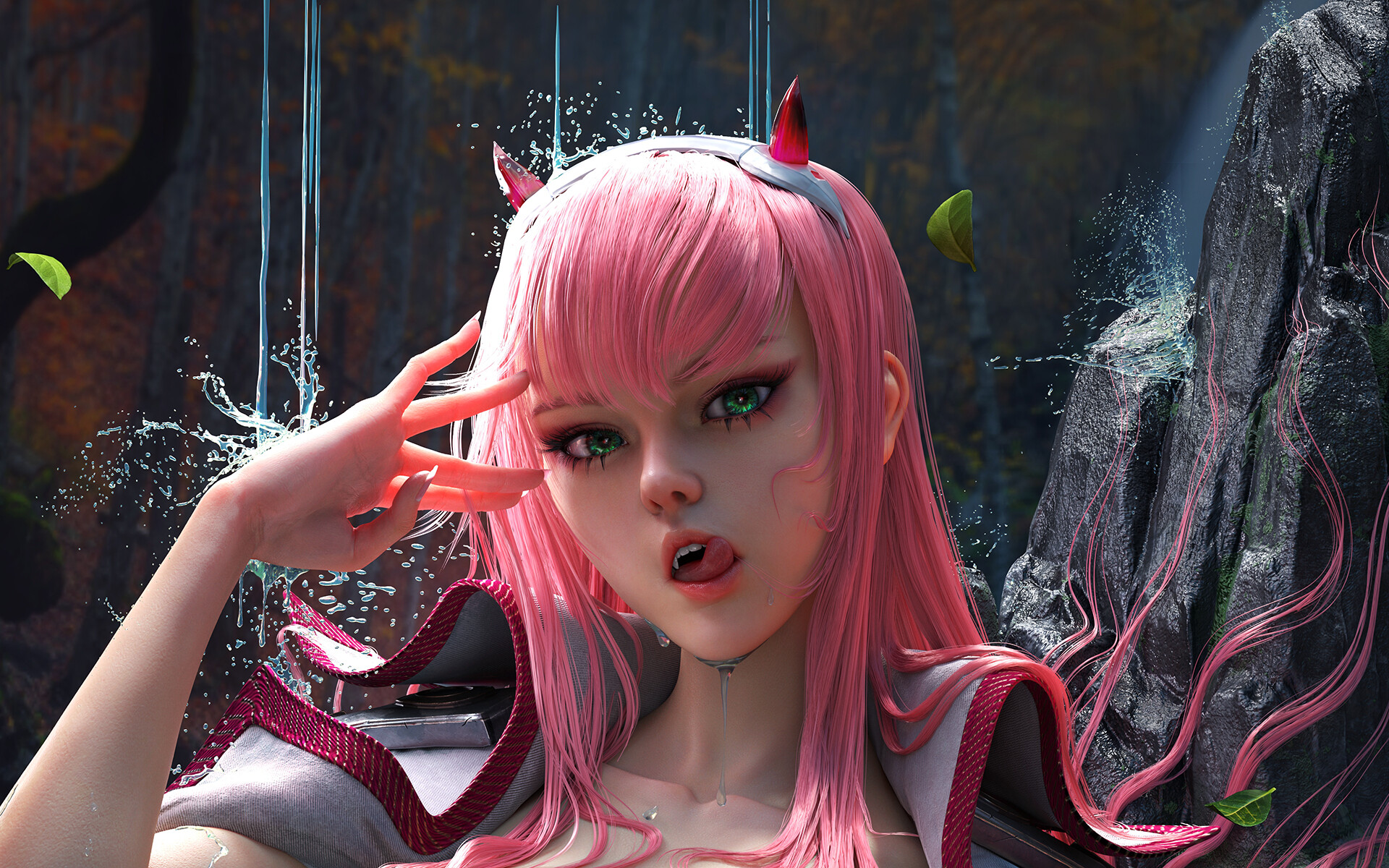 ArtStation Artwork Fantasy Art Fantasy Girl Pink Hair Water Parted Lips Tongues Tongue Out Long Hair 1920x1200