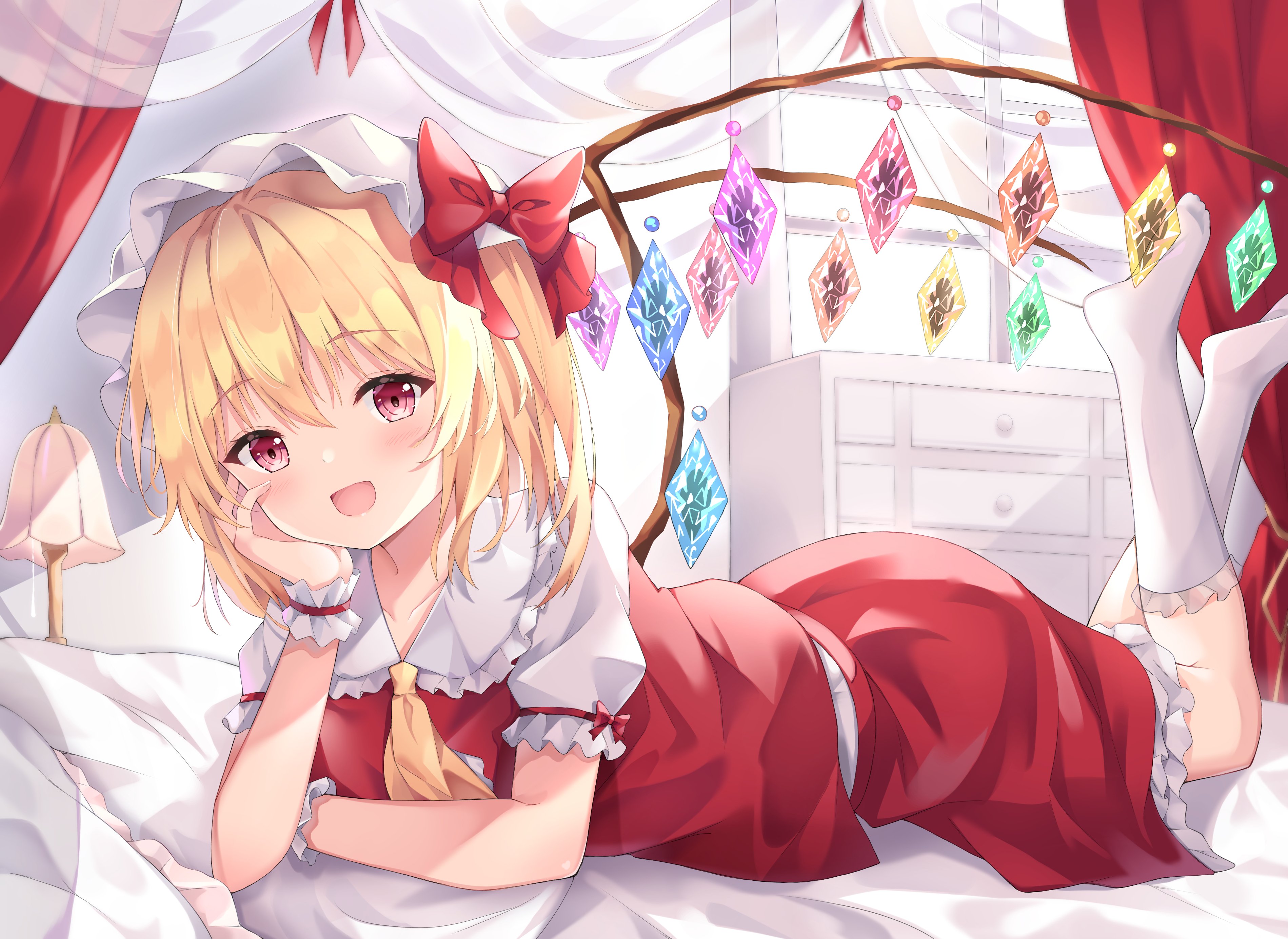Anime Anime Girls Open Mouth Pink Eyes Blonde Looking At Viewer Dress Red Dress Women Indoors Wings  3799x2771