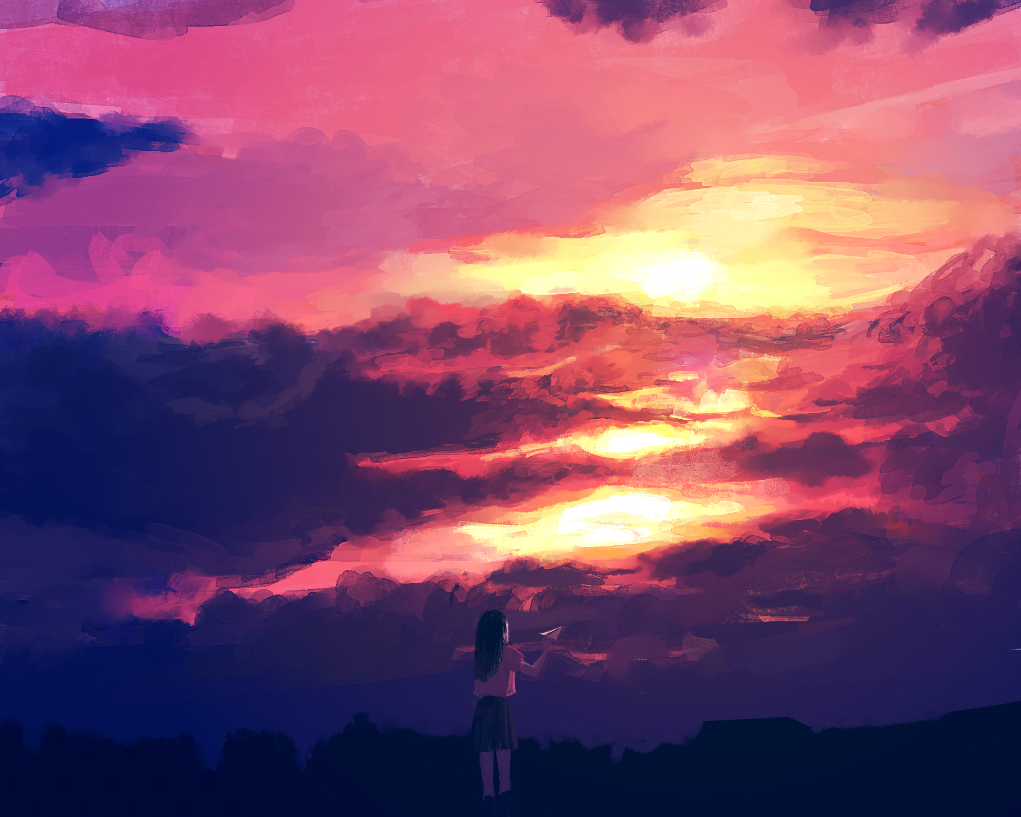 Anime Women Anime Girls Women Outdoors Nature Sky Orange Sky Clouds Sunlight Standing Paper Planes 2000x1600