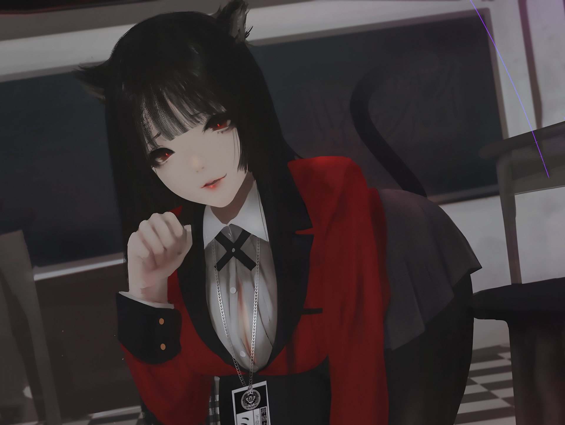 Kakegurui Jabami Yumeko Anime Anime Girls Fan Art Digital Art 2D Dark Hair Cat Ears Bangs Red Eyes O 1920x1443