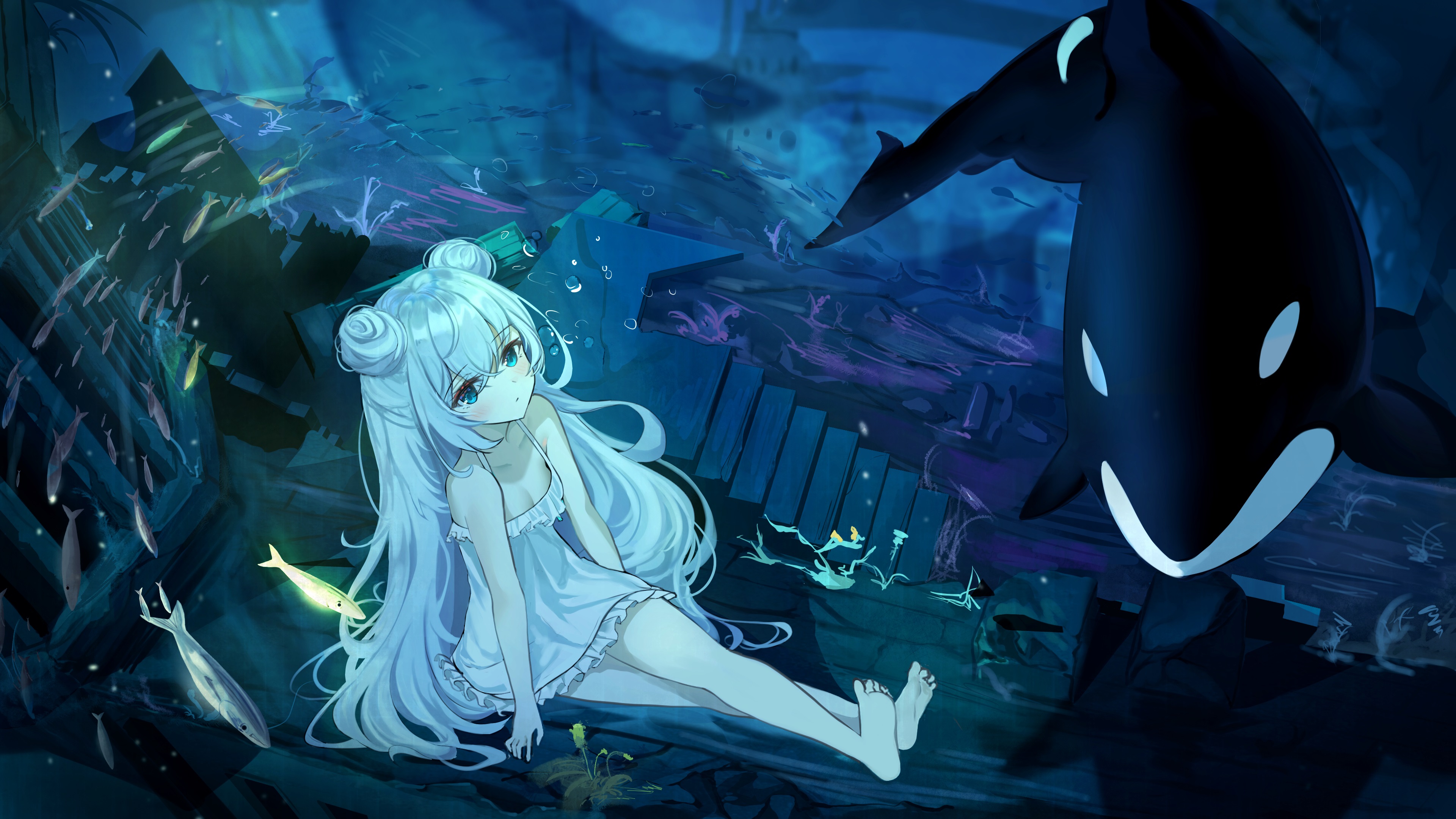 Anime Anime Girls Underwater Dress Barefoot Long Hair Silver Hair Blue Eyes 3840x2160